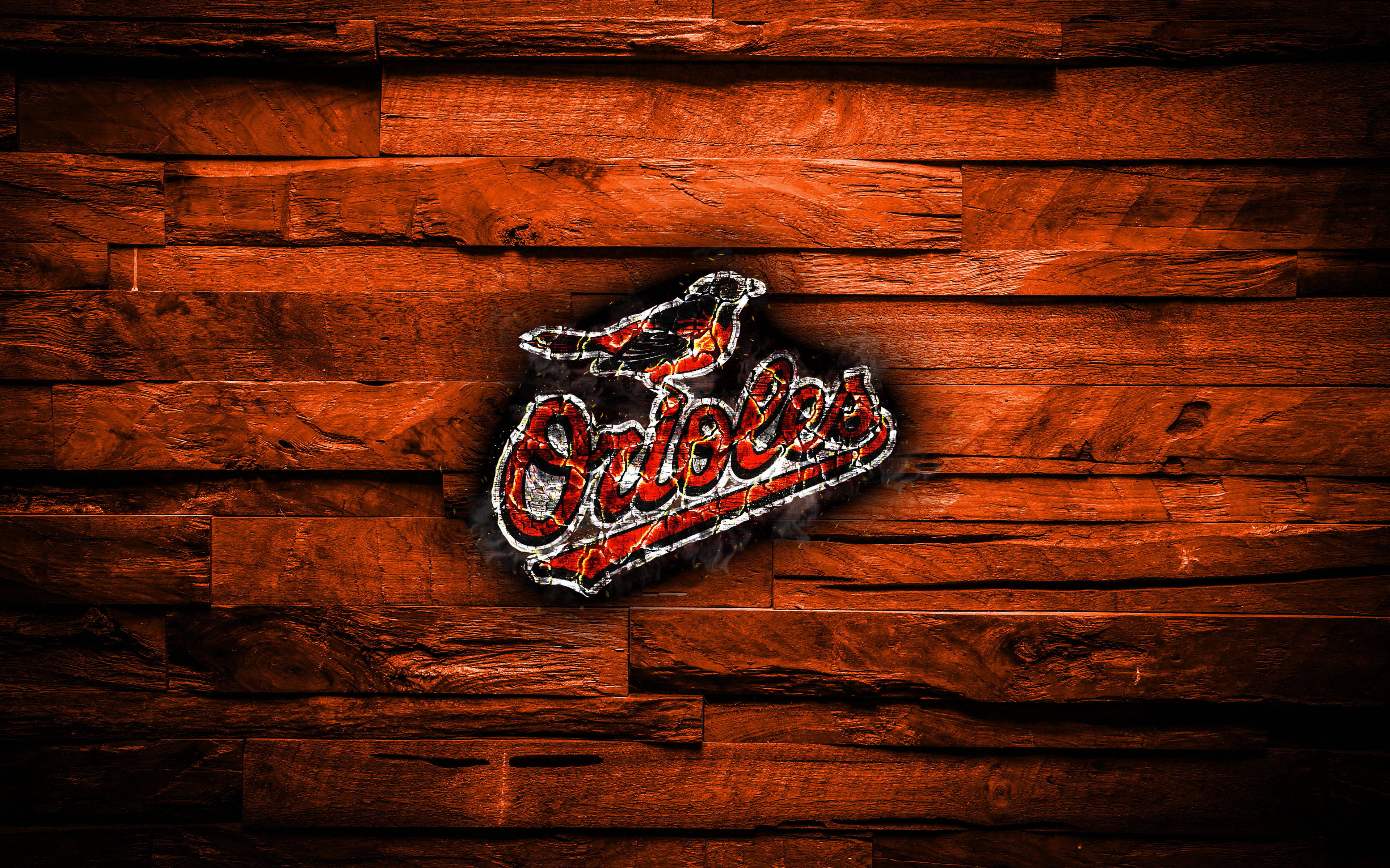 Baltimore Orioles, scorched logo, fiery red, 4K Desktop Wallpaper