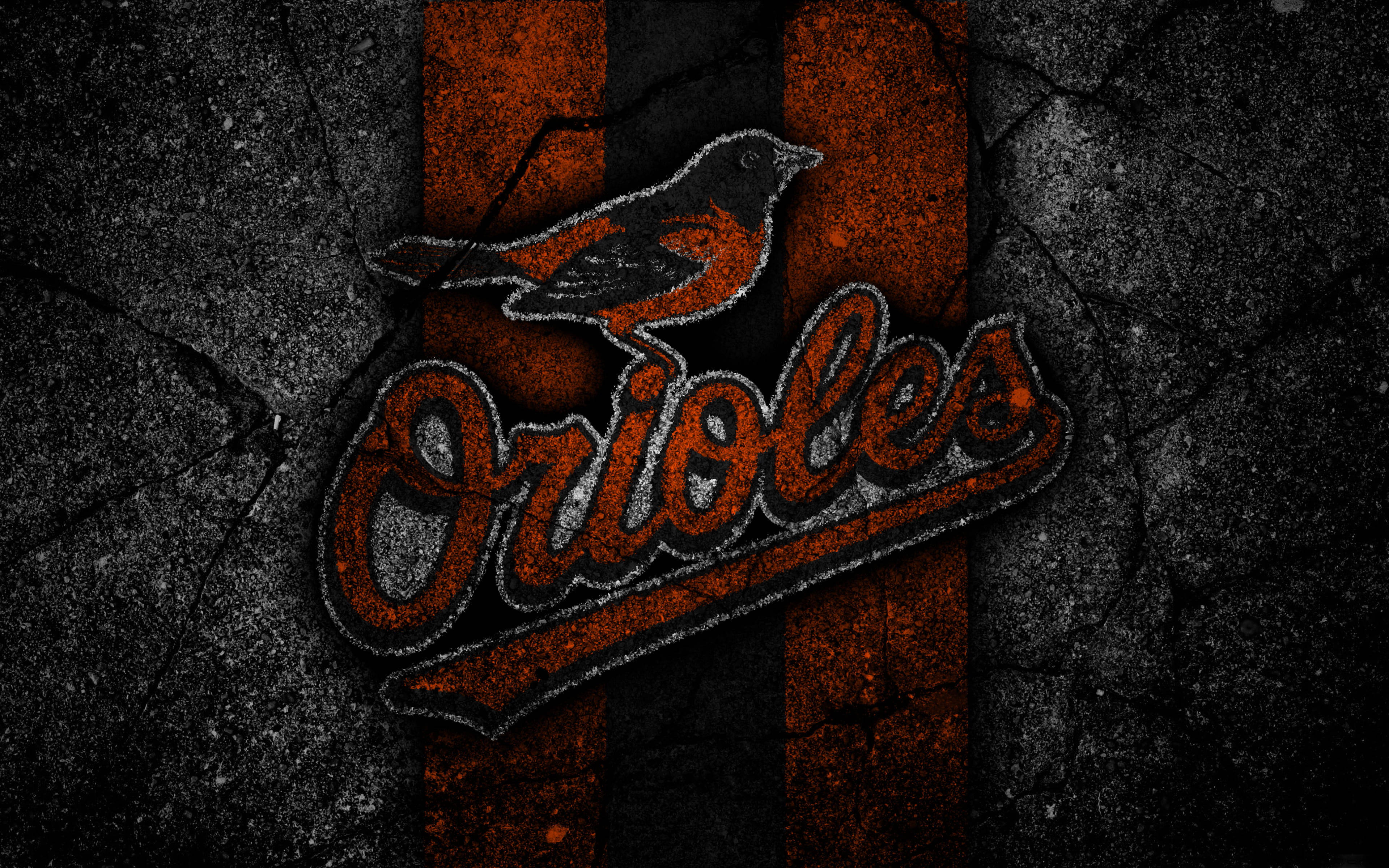 Baltimore Orioles, black stone graphic, cracked black and orange background, 4K Desktop Wallpaper