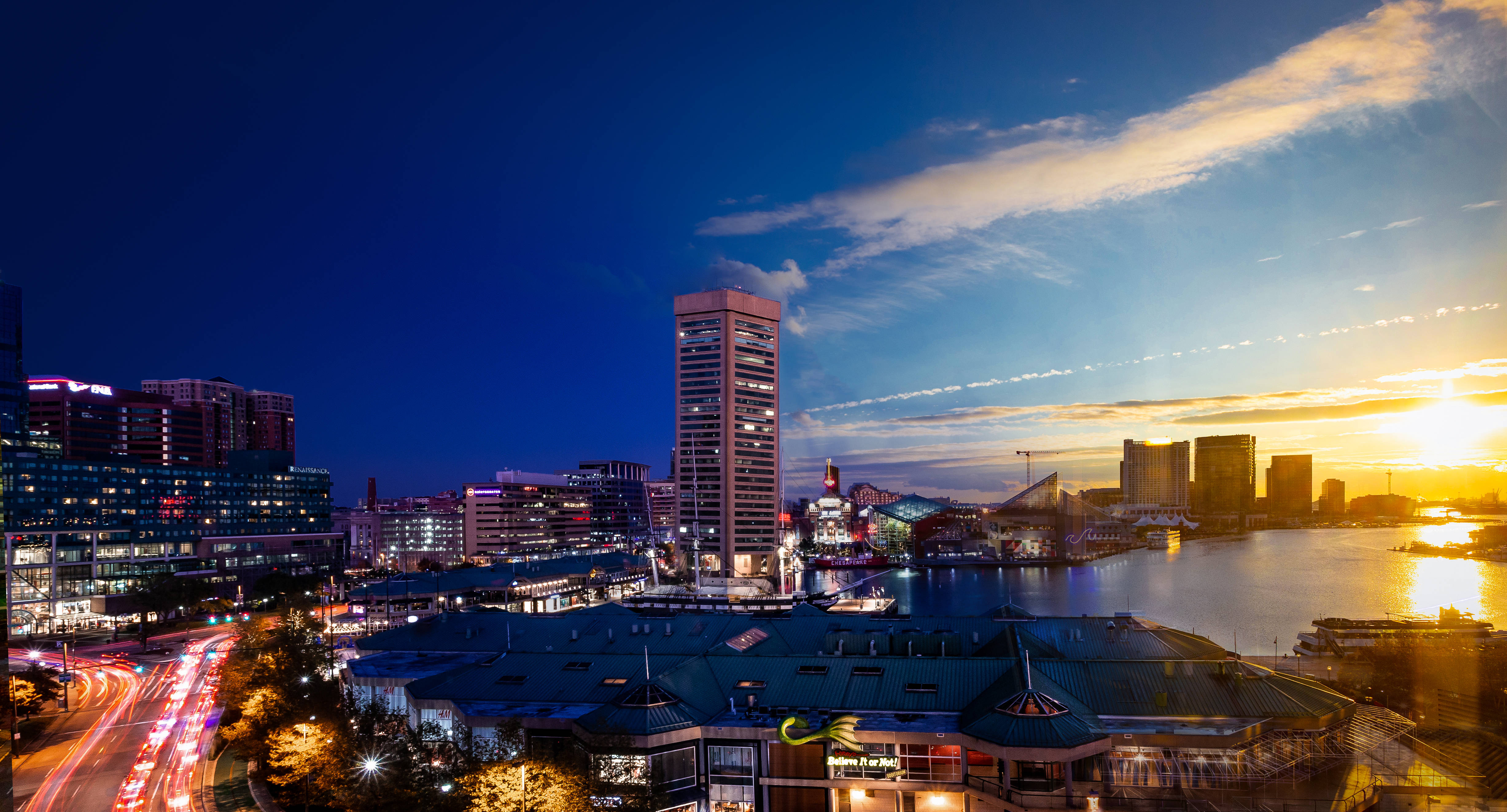Baltimore, dusk, glowing skyscrapers, 4K Desktop Wallpaper