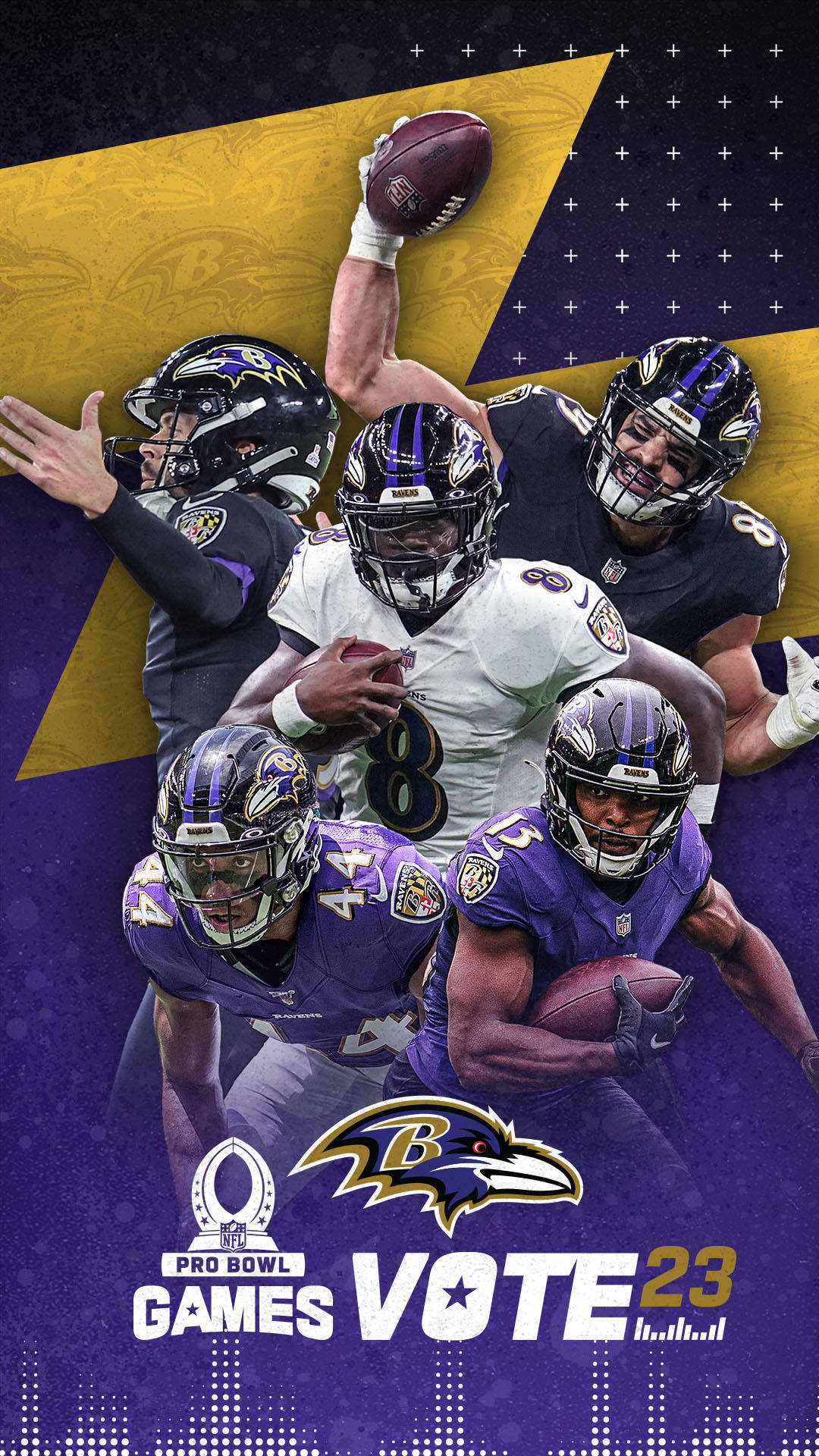 Baltimore Ravens, Pro Bowl Games Vote 23, purple and gold, Full HD Phone Wallpaper