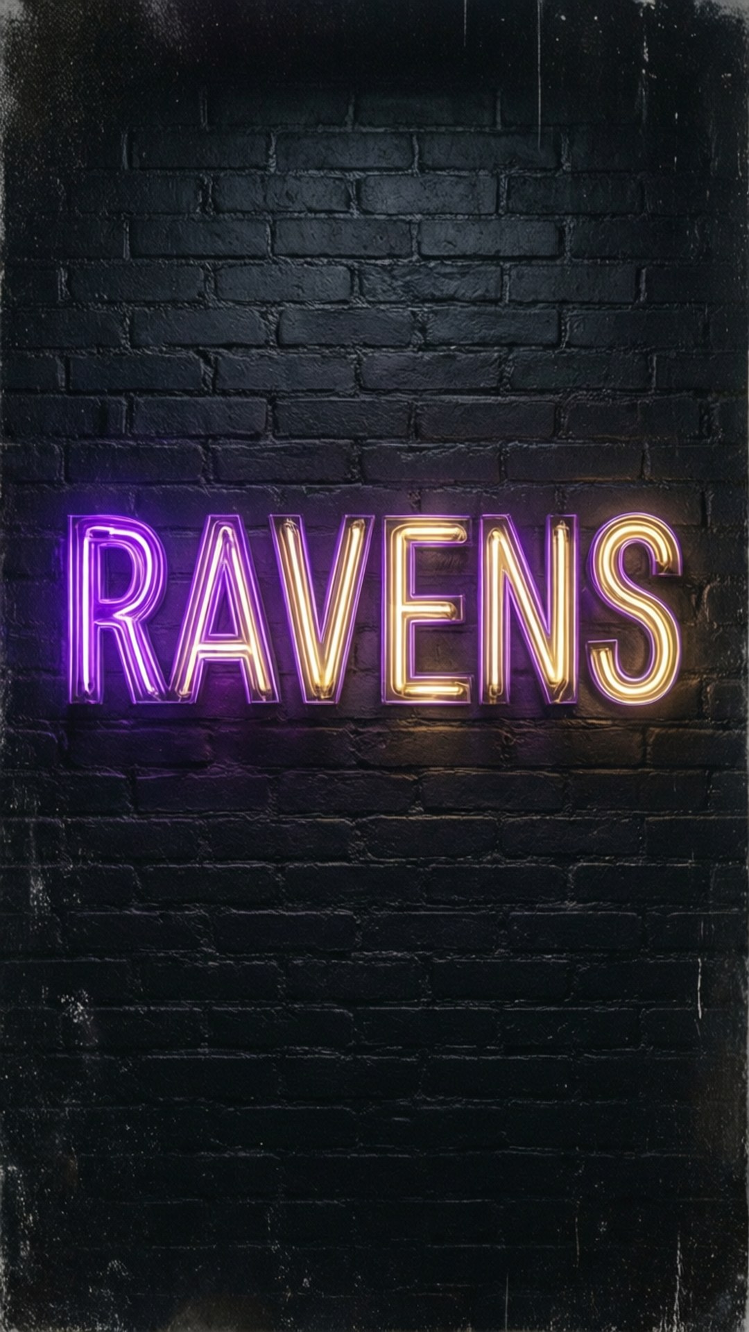 neon ravens sign, purple and gold letters, dark textured brick wall, Full HD Phone Wallpaper