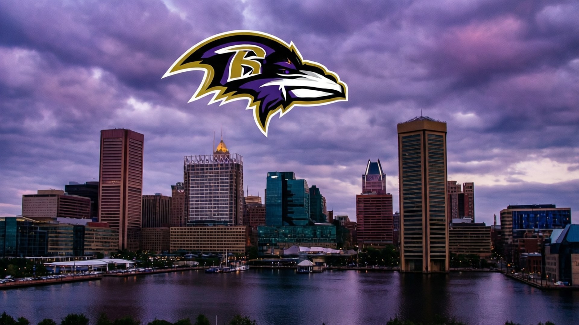 Ravens, Baltimore skyline, twilight, Full HD Desktop Wallpaper