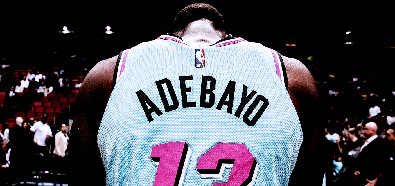 Bam Adebayo, light blue and pink jersey, basketball player, HD Desktop Wallpaper