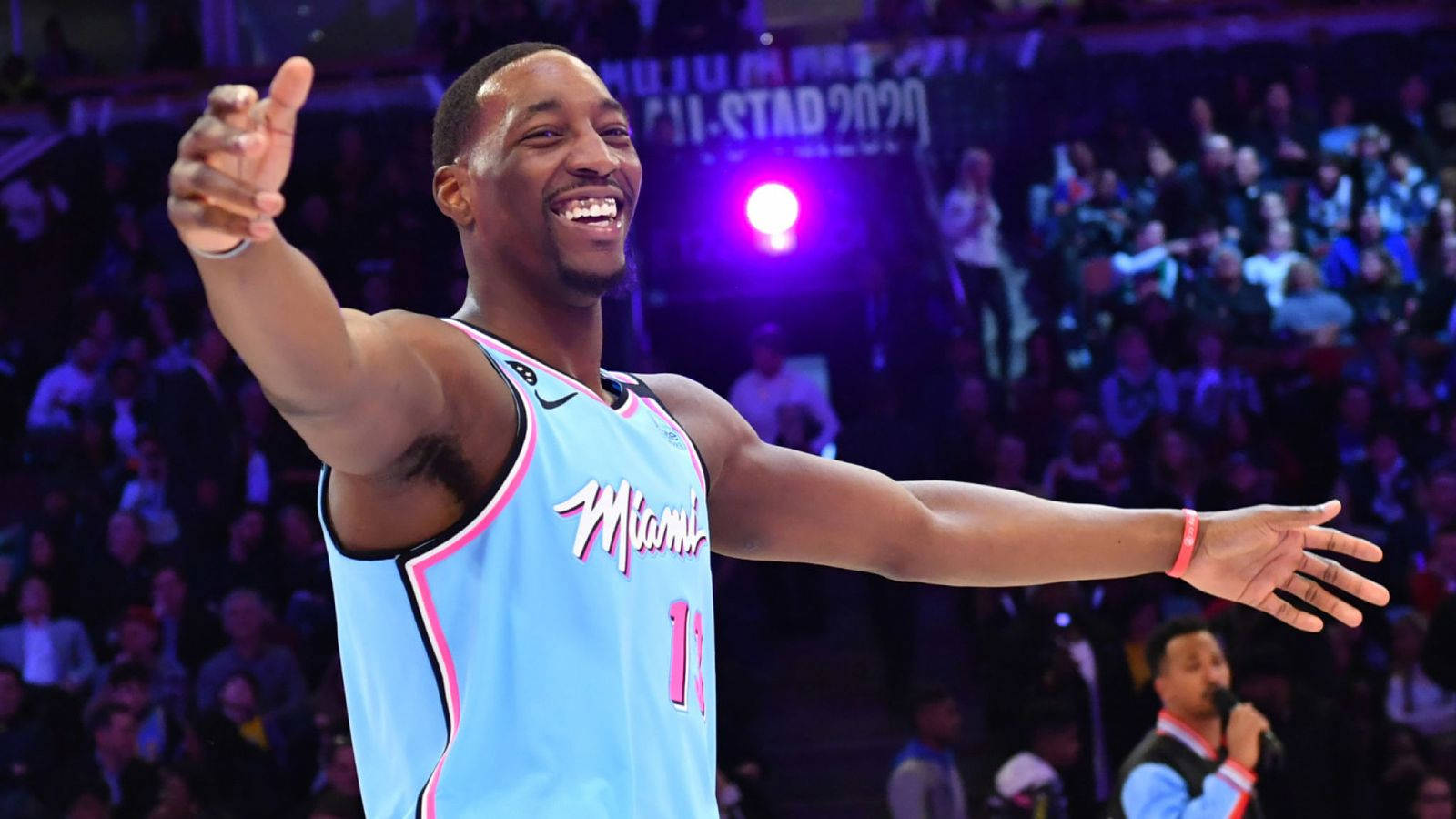 Bam Adebayo, light blue Miami jersey, arena lights, HD Desktop Wallpaper