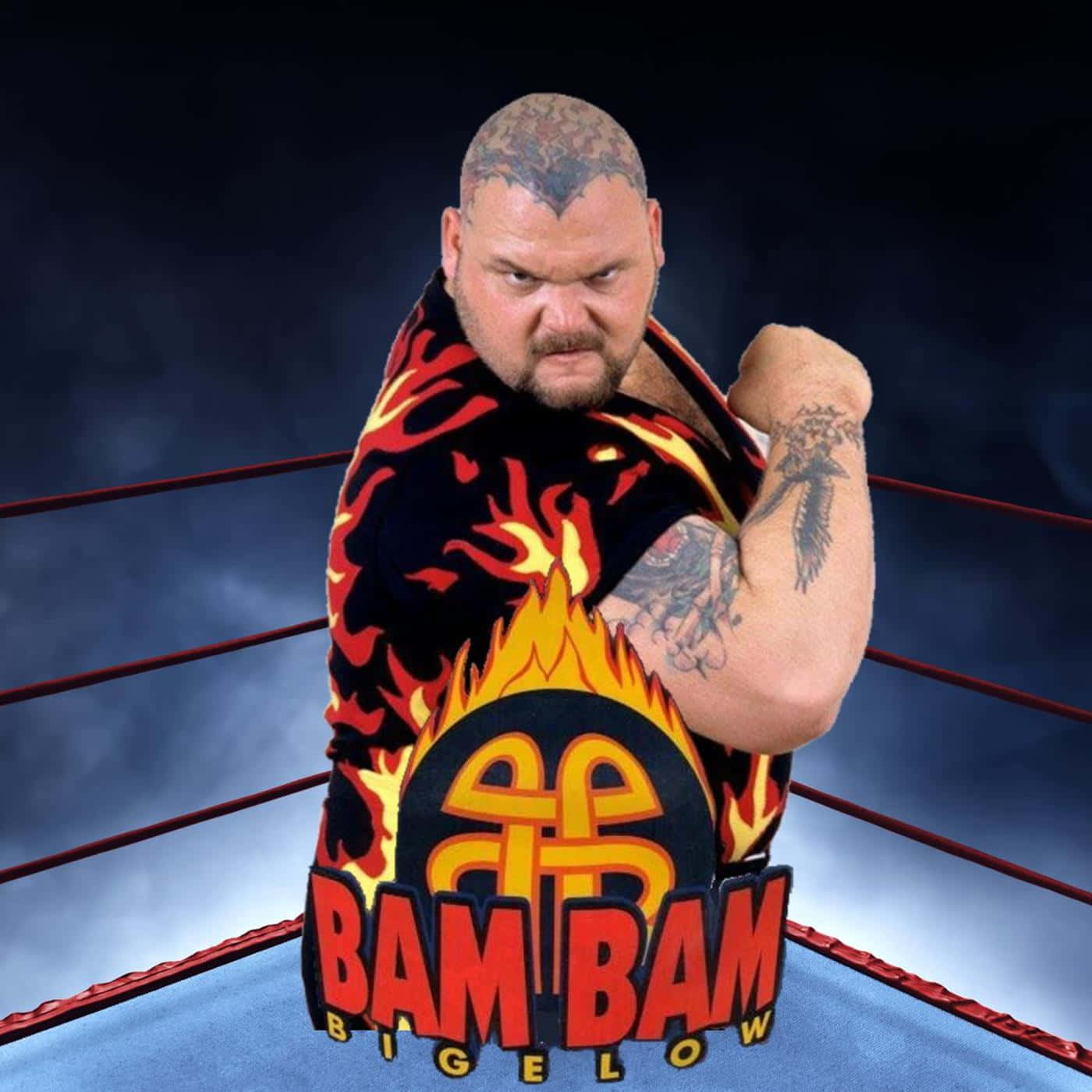 Bam Bam Bigelow, flame-patterned shirt, ring, HD Desktop Wallpaper