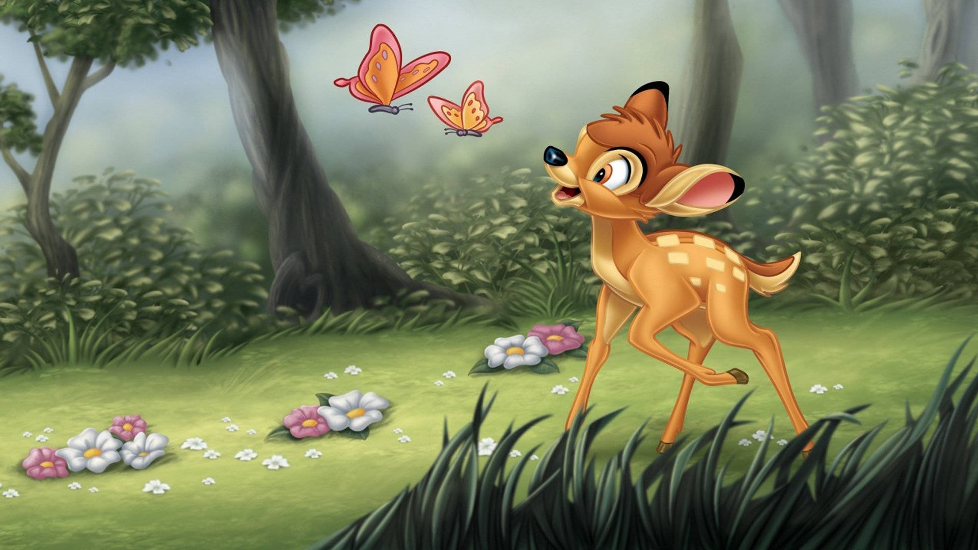 Bambi, two butterflies, misty forest, Full HD Desktop Wallpaper