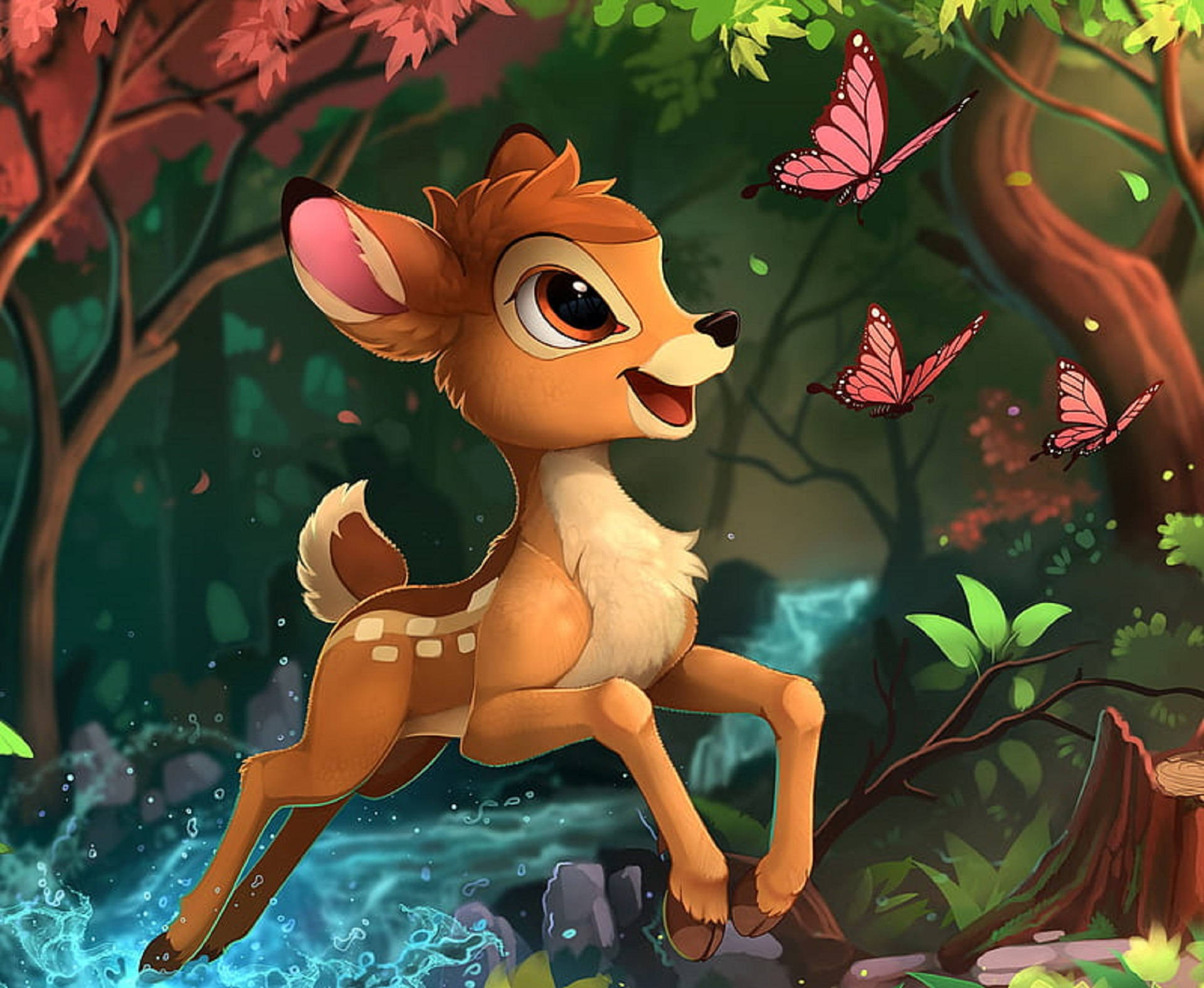 Bambi, red butterflies, forest stream, Full HD Desktop Wallpaper