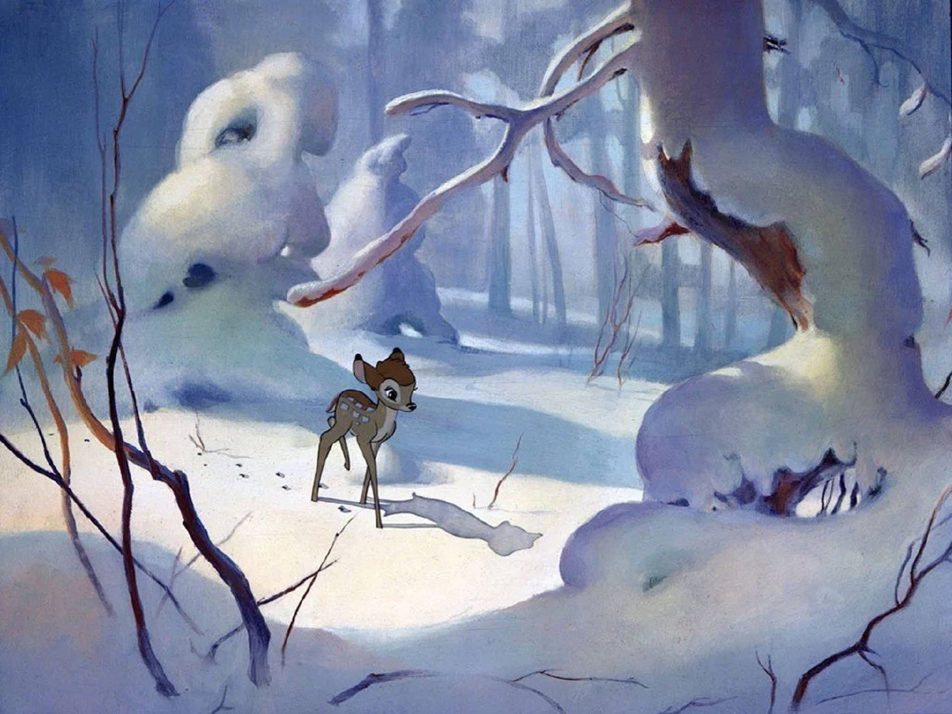 Bambi, snowy forest, snow-covered trees, Full HD Desktop Wallpaper