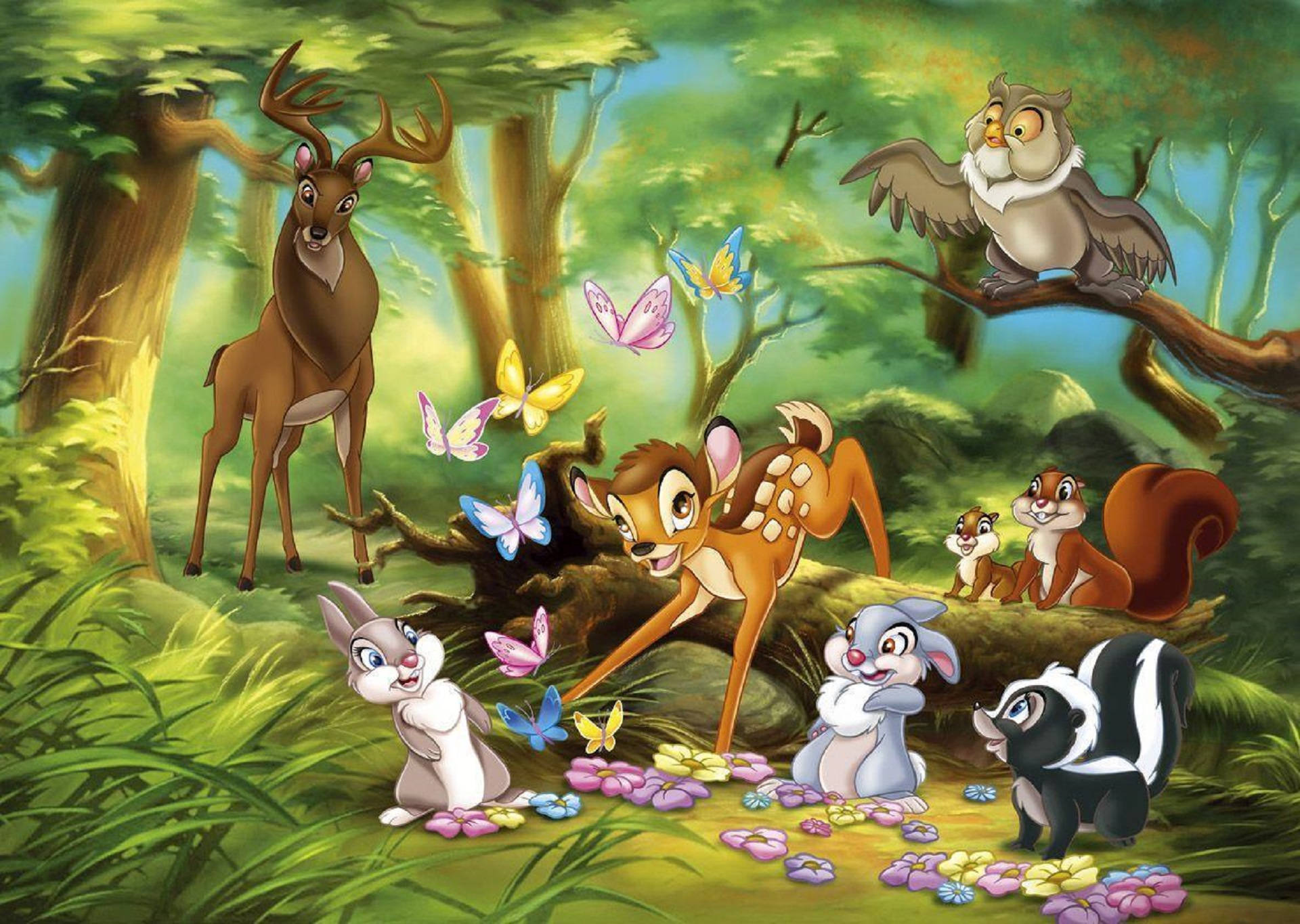 Bambi, owl deer, rabbits, Full HD Desktop Wallpaper