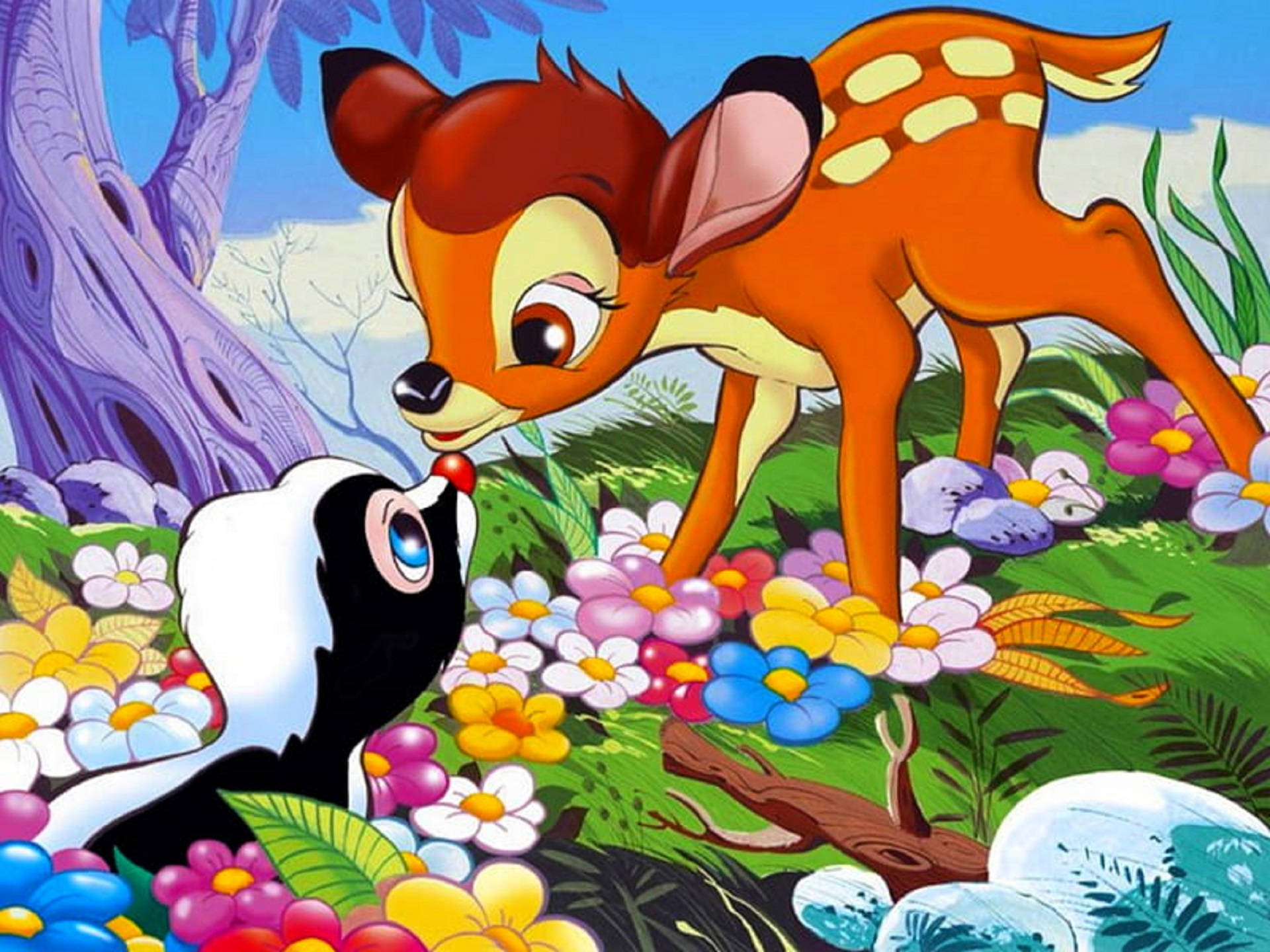Bambi, skunk, red berry, Full HD Desktop Wallpaper