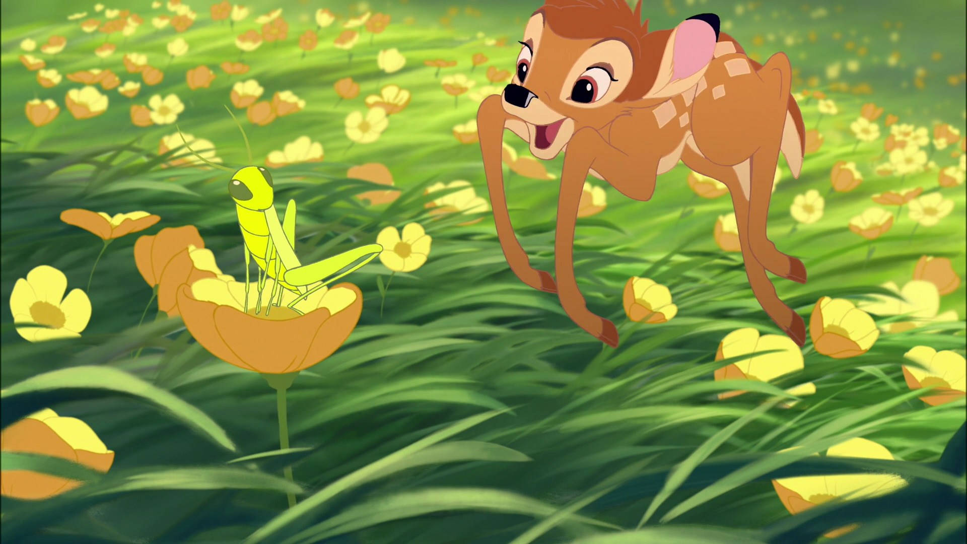 Bambi, yellow flower field, cartoon fawn, Full HD Desktop Wallpaper