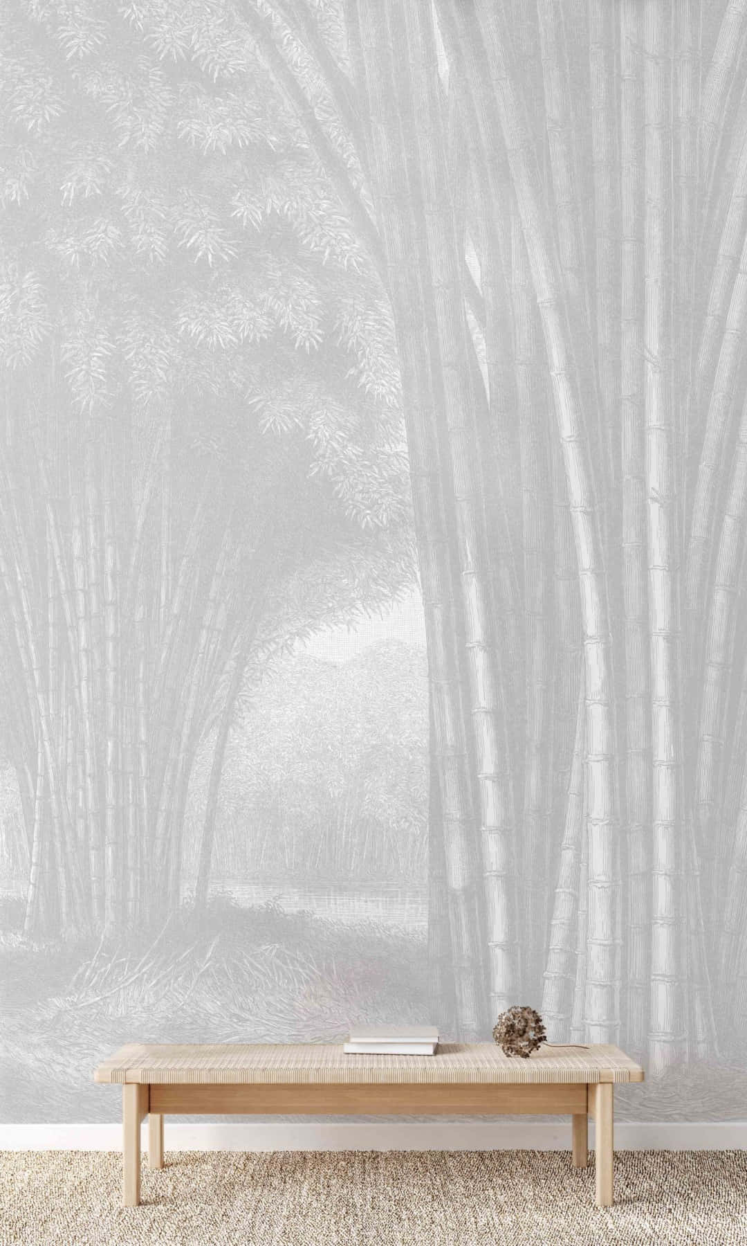 light wood bench, monochrome bamboo forest wallpaper, soft misty background, HD Phone Wallpaper