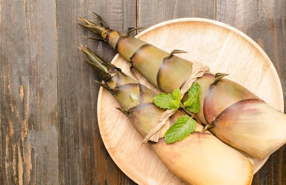 bamboo shoots, mint leaves, wooden plate, SD Desktop Wallpaper