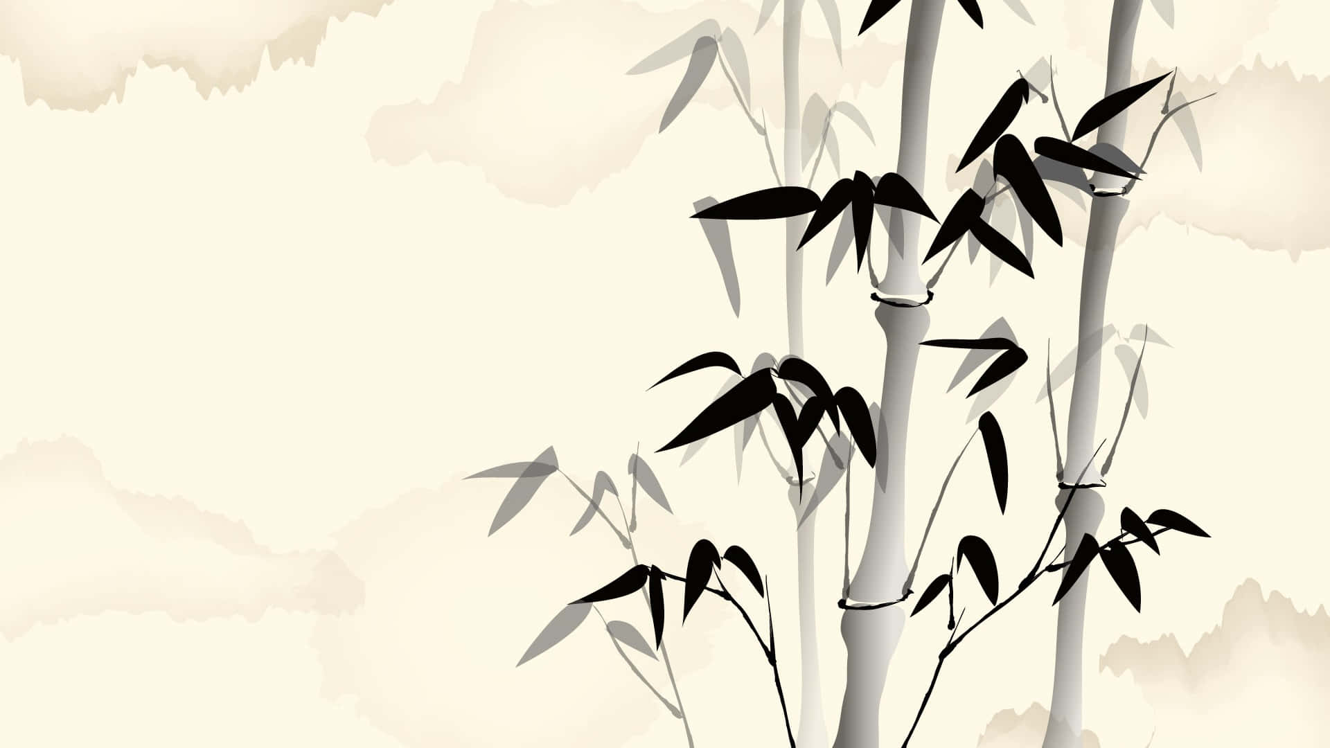 bamboo trees, black and white painting, dark leaves, Full HD Desktop Wallpaper