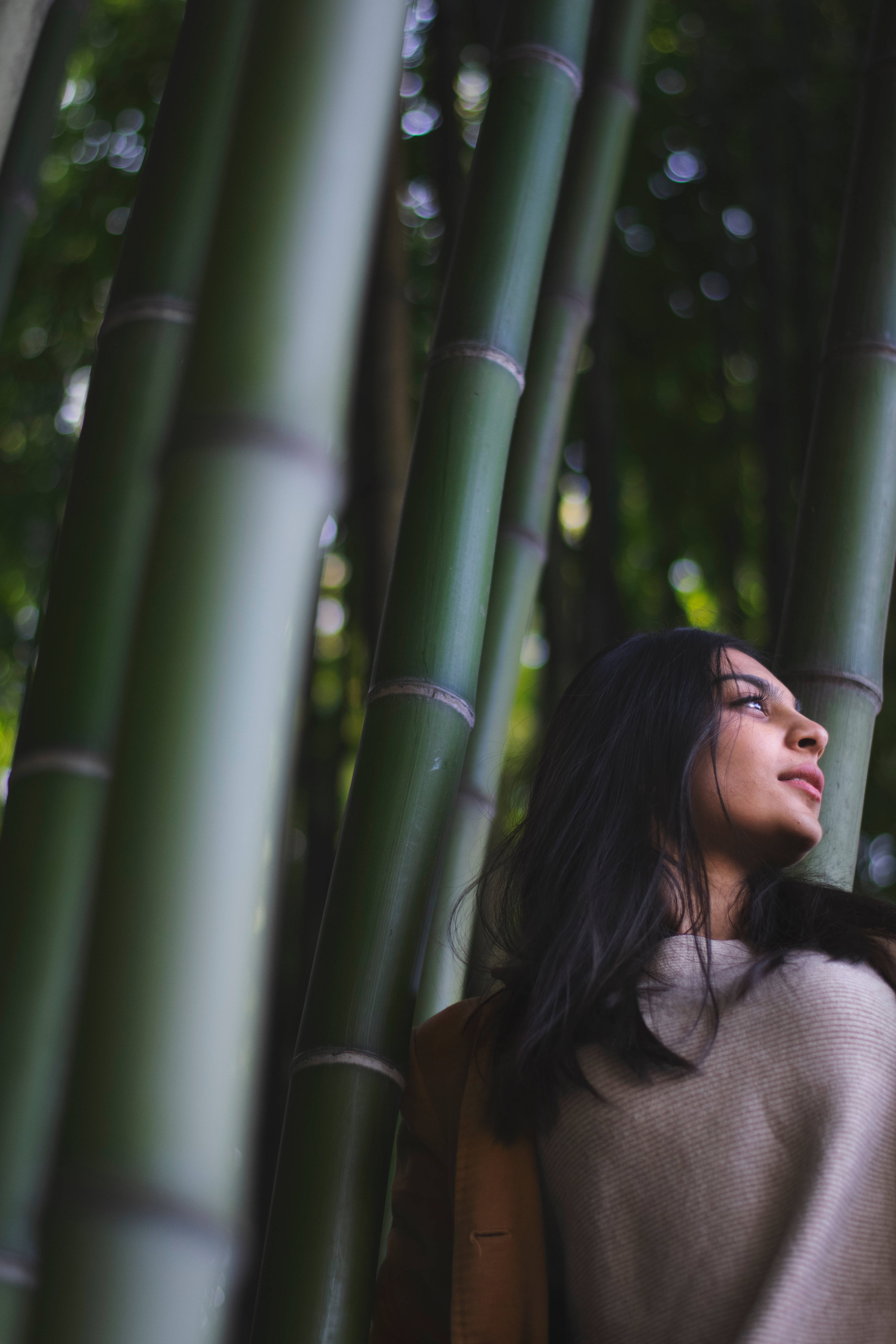 woman, bamboo pole, towering green bamboo stalks, 5K Phone Wallpaper