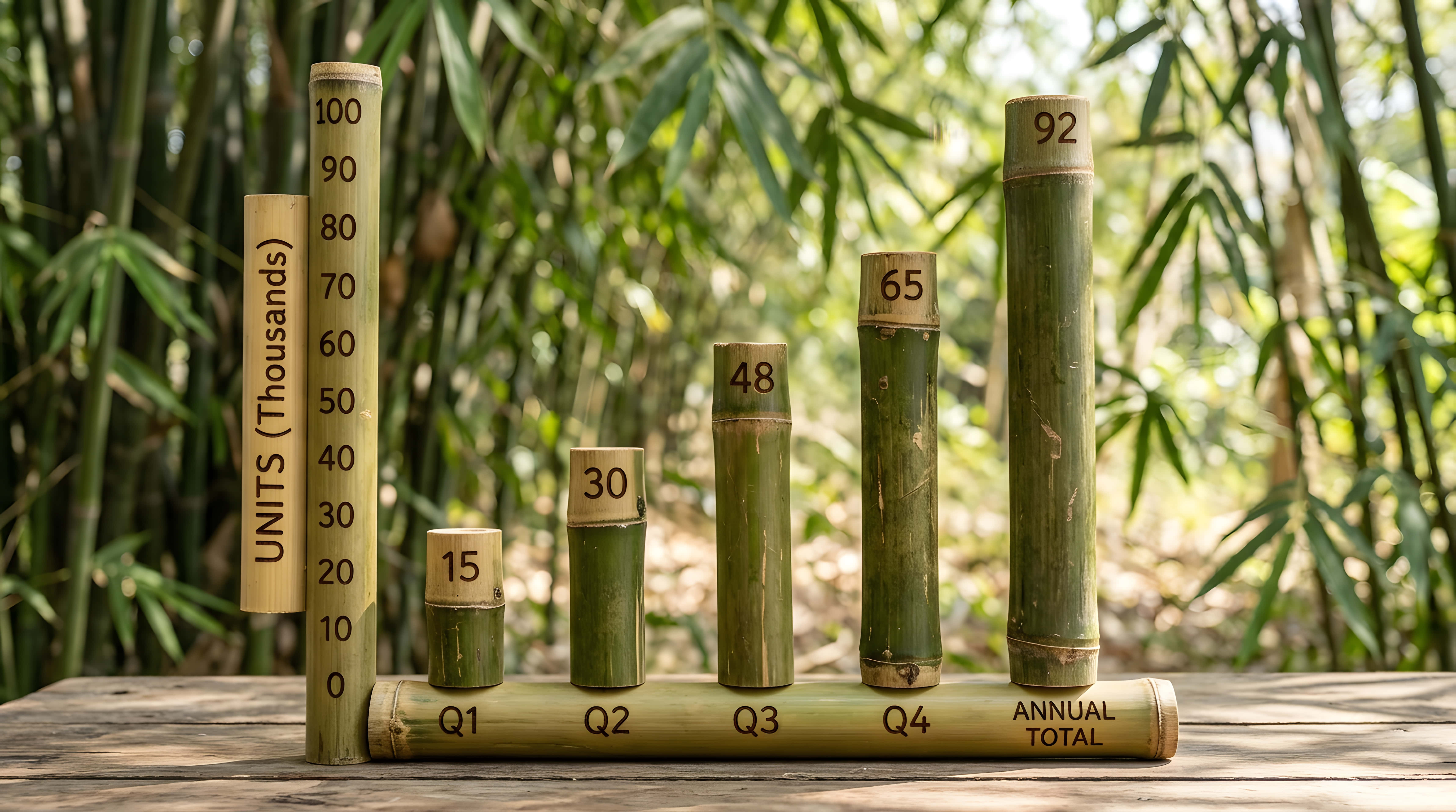 Bamboo sticks, quarterly sales chart, wooden table, 5K Desktop Wallpaper
