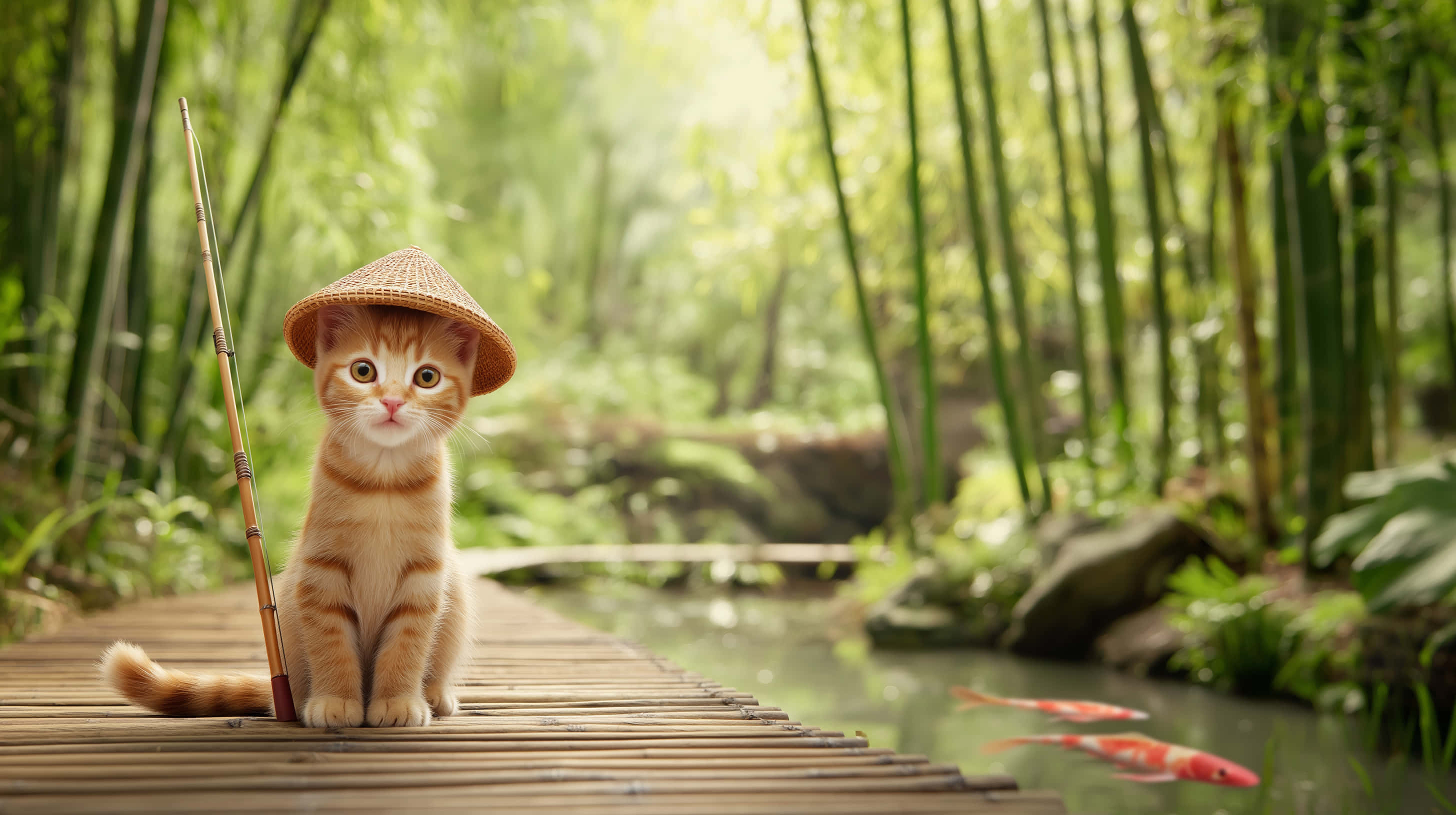 ginger kitten, straw hat, fishing rod, 2K Desktop Wallpaper