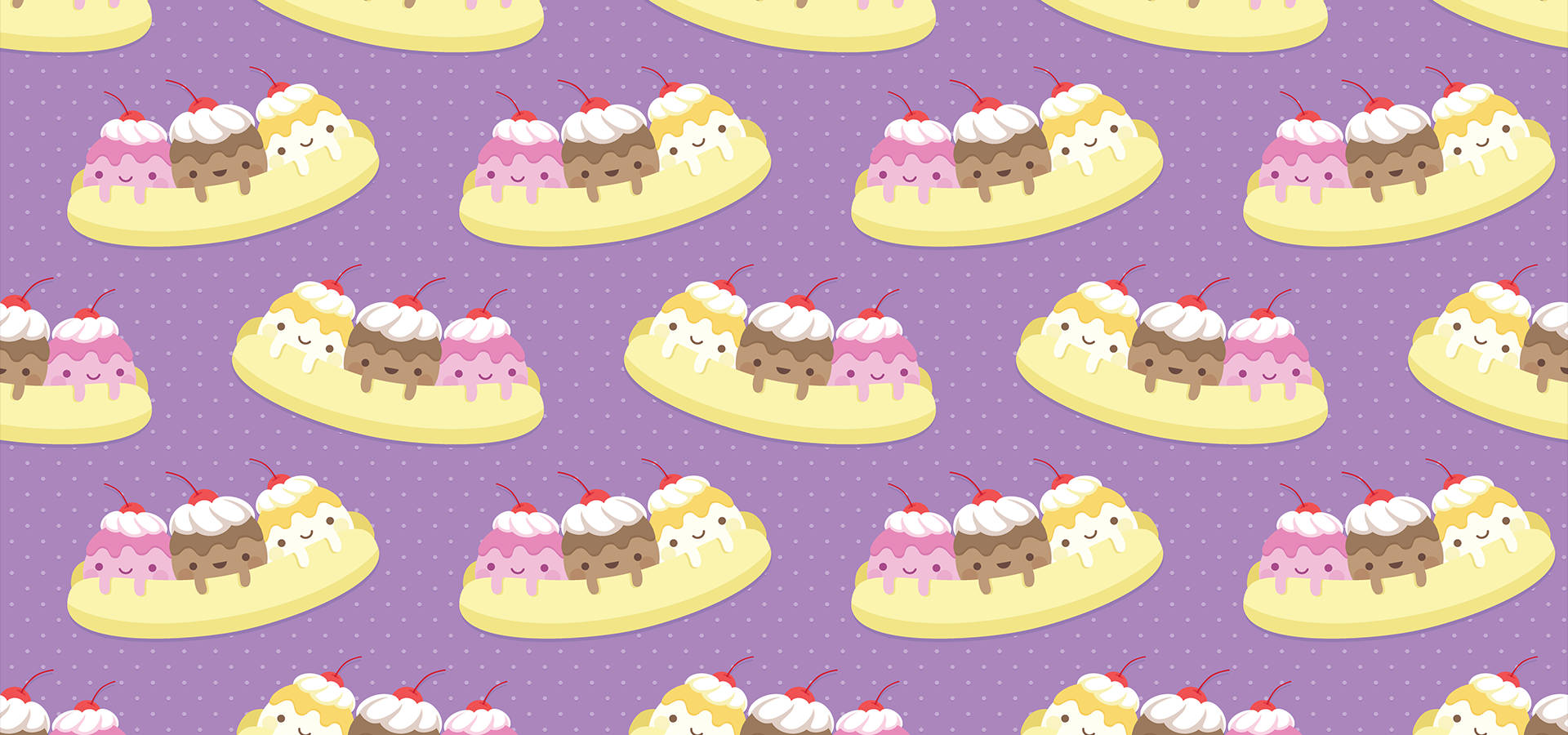 banana split pattern, cartoon ice cream sundaes, cherry tops, Full HD Desktop Wallpaper