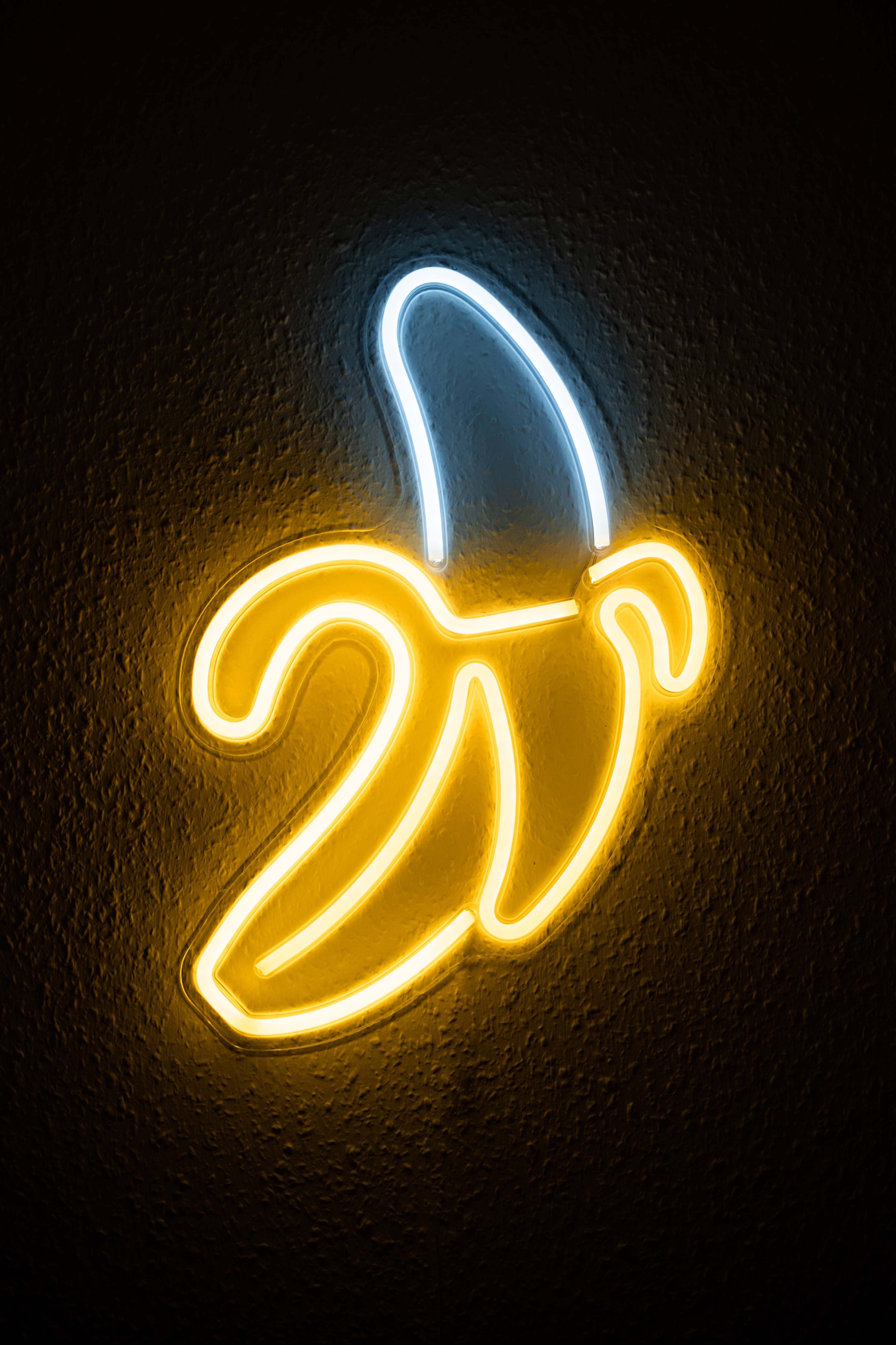 glowing neon banana, yellow peel, blue stem, 5K Phone Wallpaper