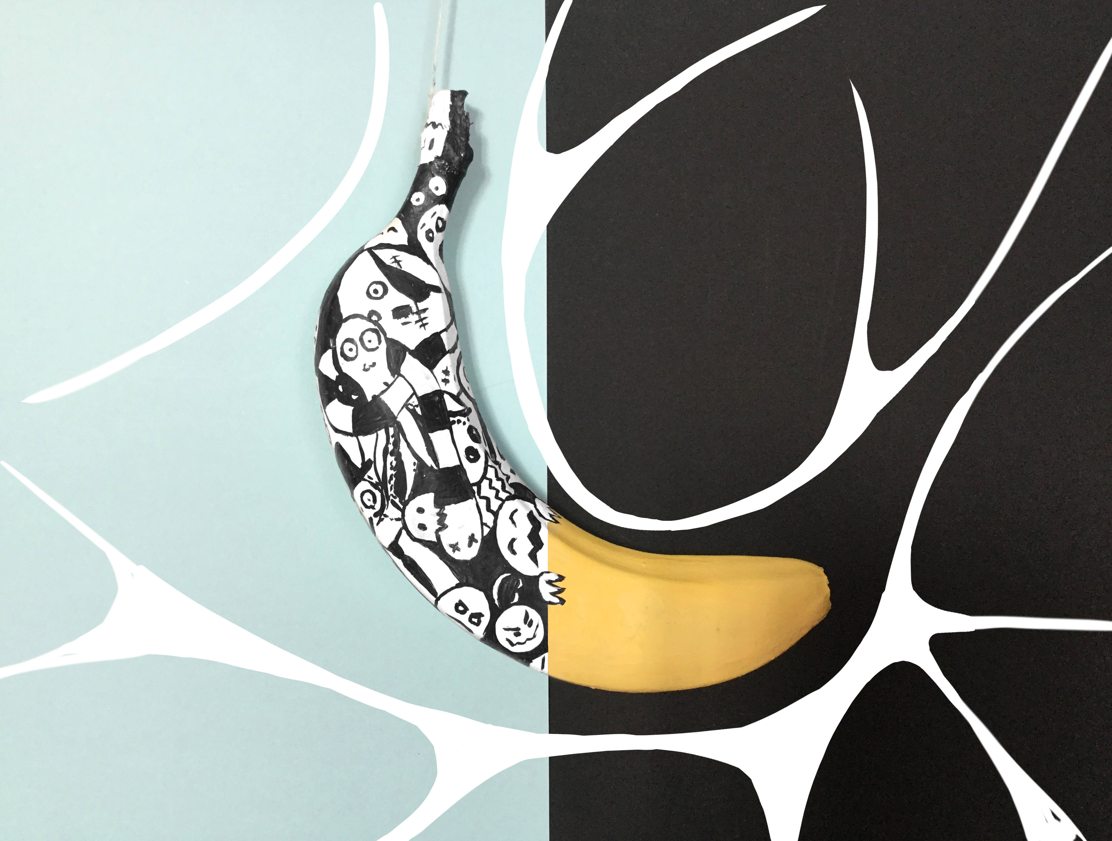 banana, black and white cartoon faces, teal and black abstract swirls, 2K Desktop Wallpaper