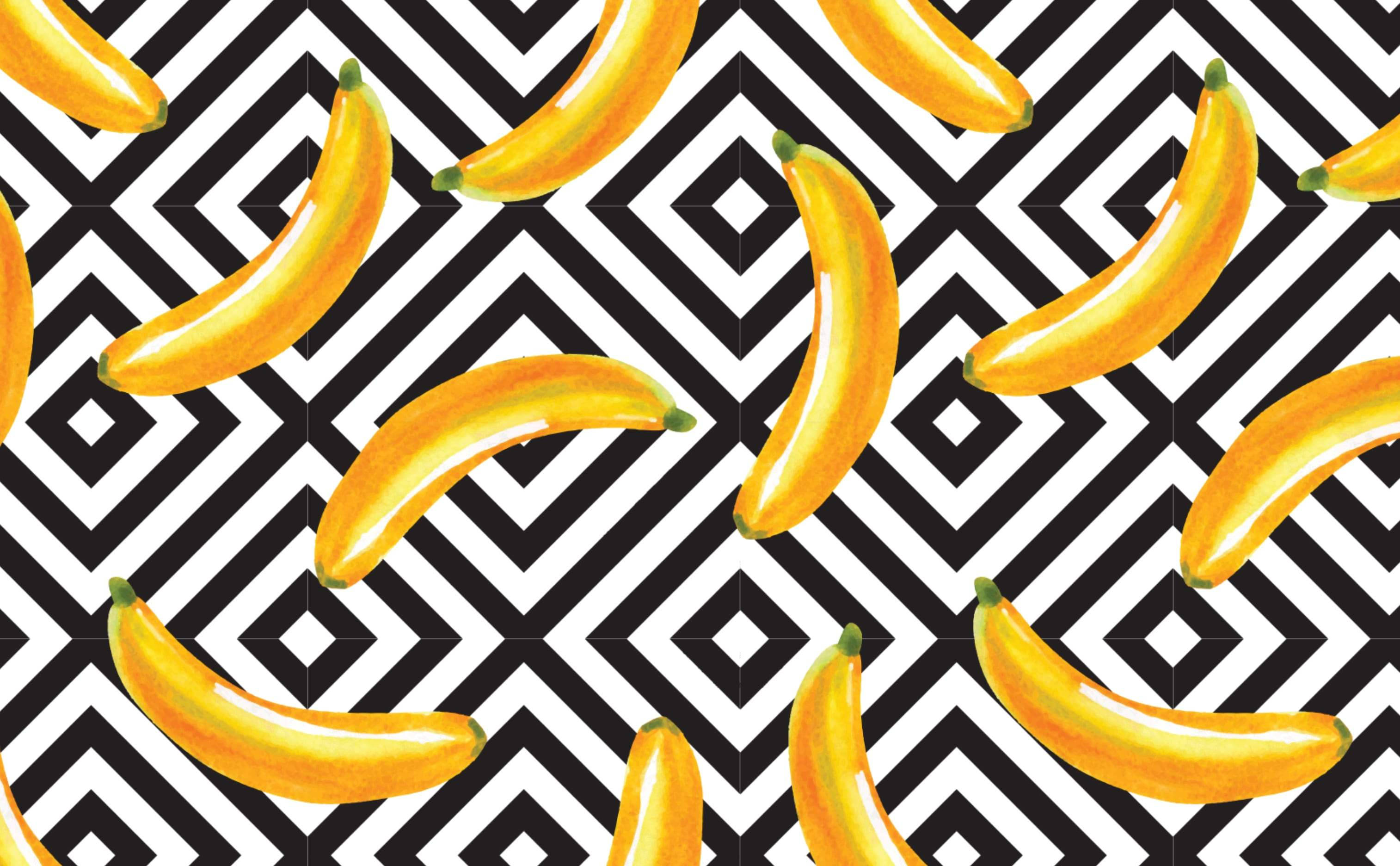 diamond tiles, black and white geometric pattern, vibrant yellow bananas, 2K Desktop Wallpaper