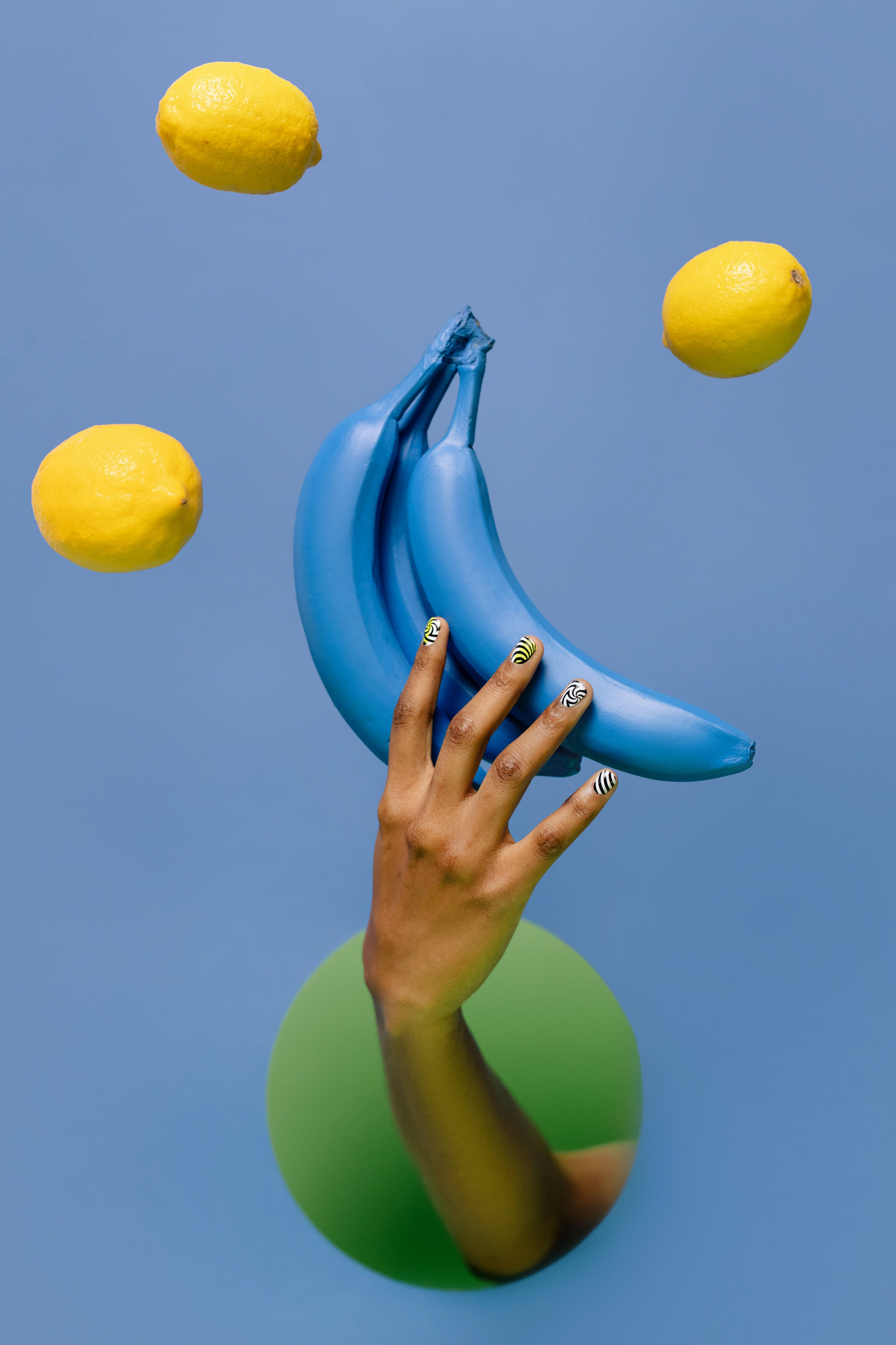 blue bananas, yellow lemons, zebra-striped nails, 5K Phone Wallpaper