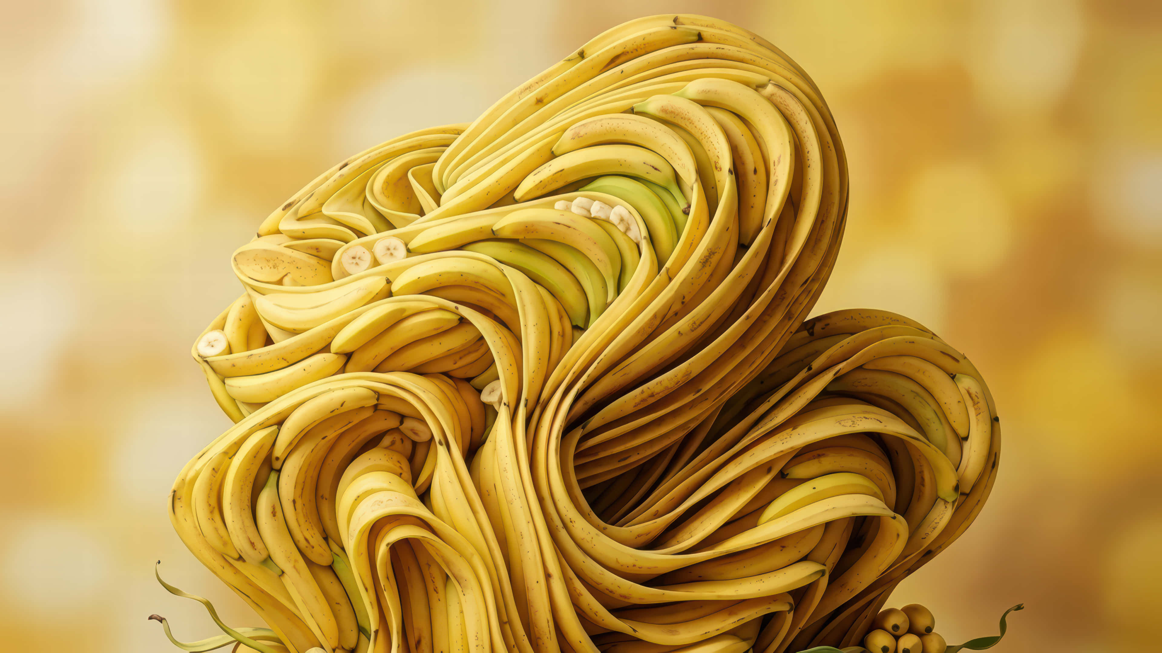 banana fruit bloom, ripe yellow bananas, green tips, 4K Desktop Wallpaper