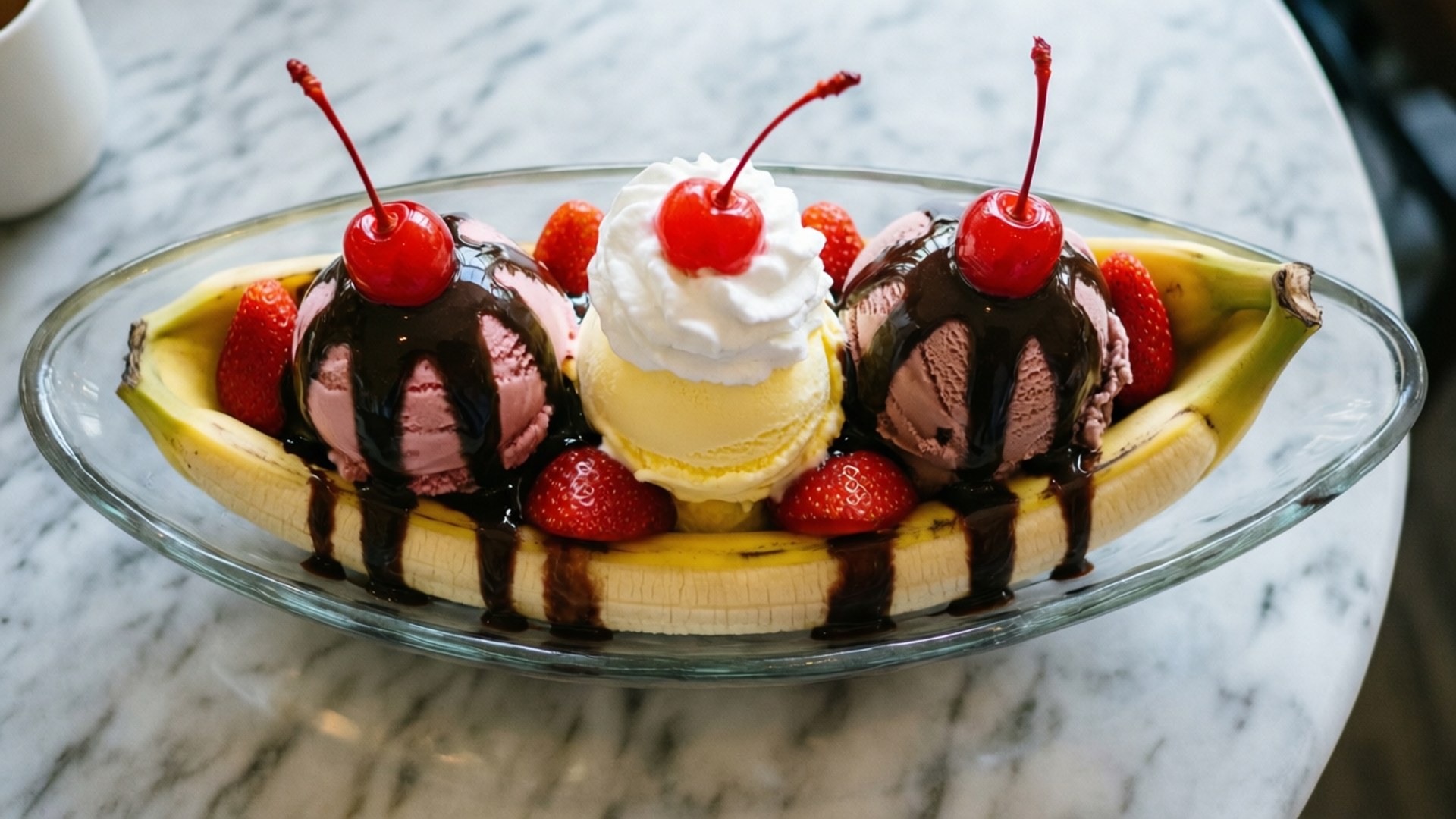 classic banana split, three scoops of ice cream, chocolate sauce, Full HD Desktop Wallpaper