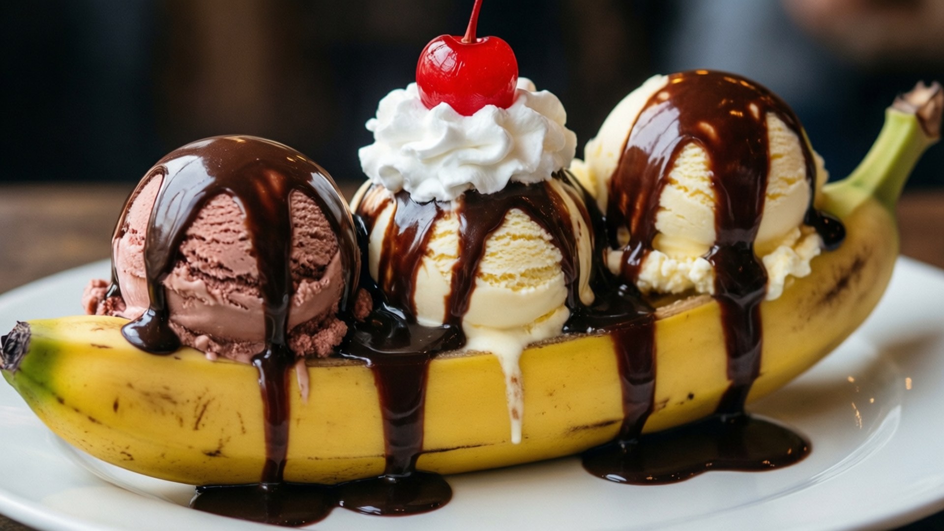 Decadent Banana Split, three scoops of ice cream, split banana, Full HD Desktop Wallpaper