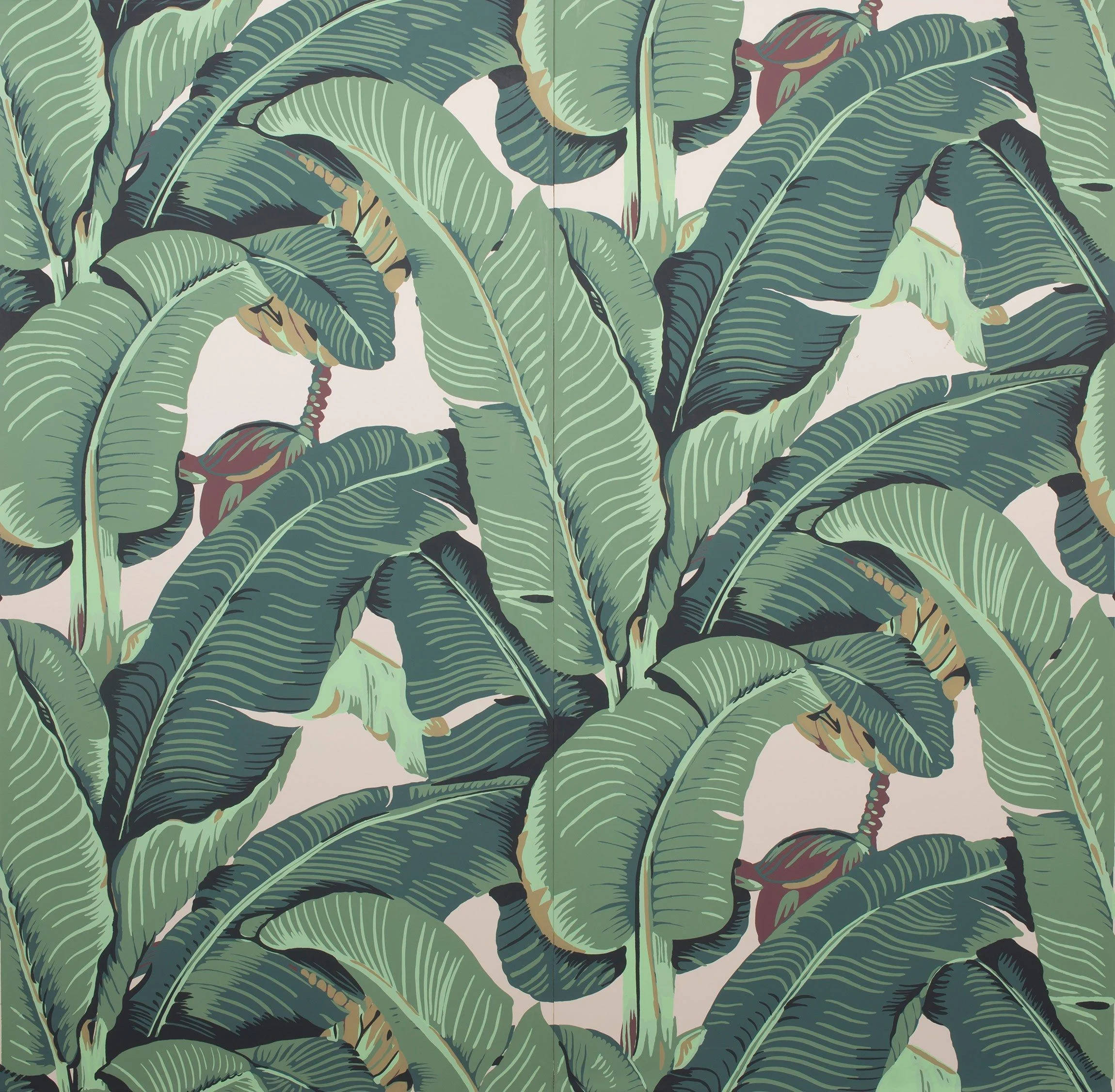 lush banana leaves, layered shades of green, subtle pink accents, Full HD Desktop Wallpaper