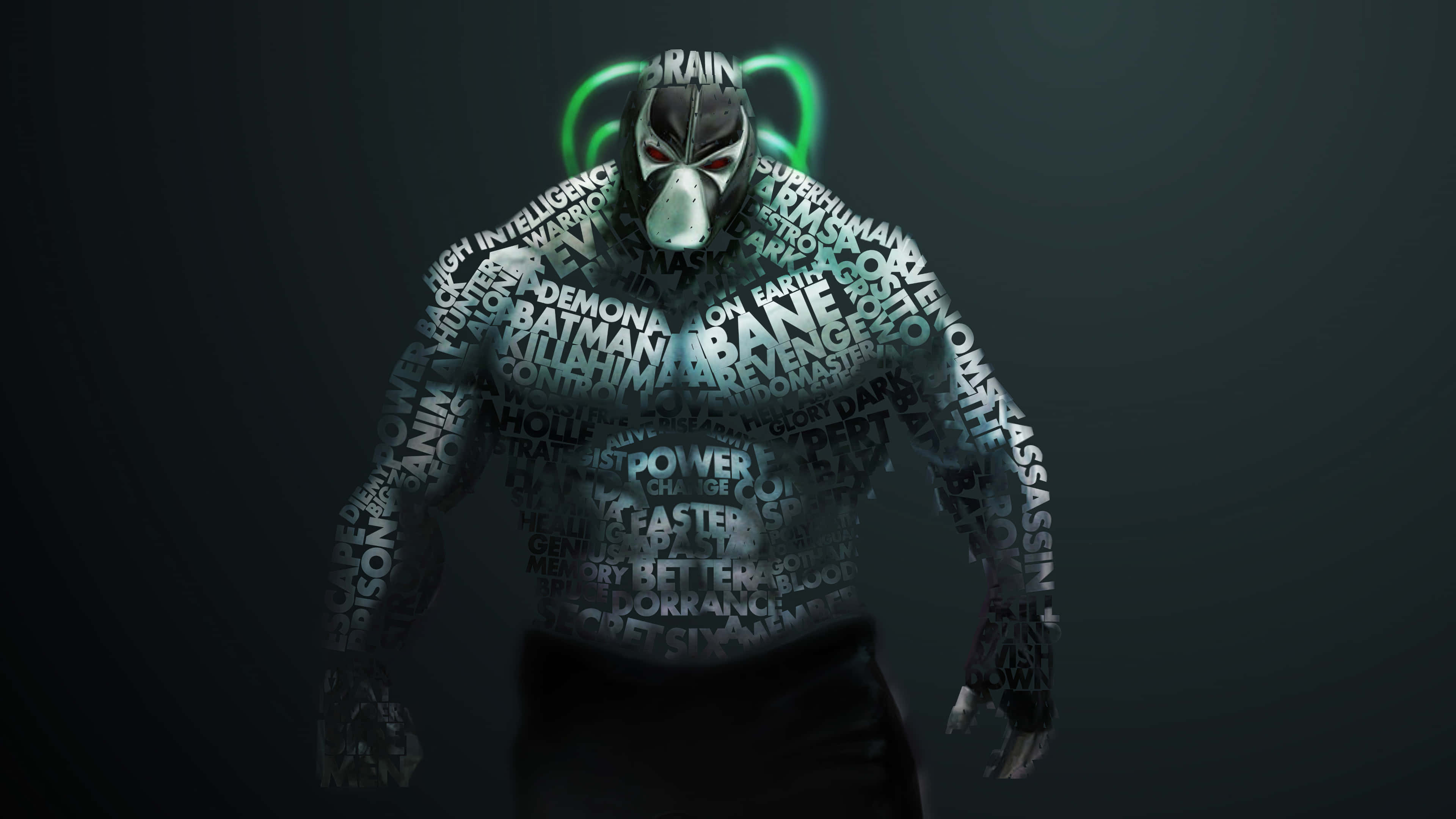 Bane, glowing green brain-like aura, assassin, 4K Desktop Wallpaper