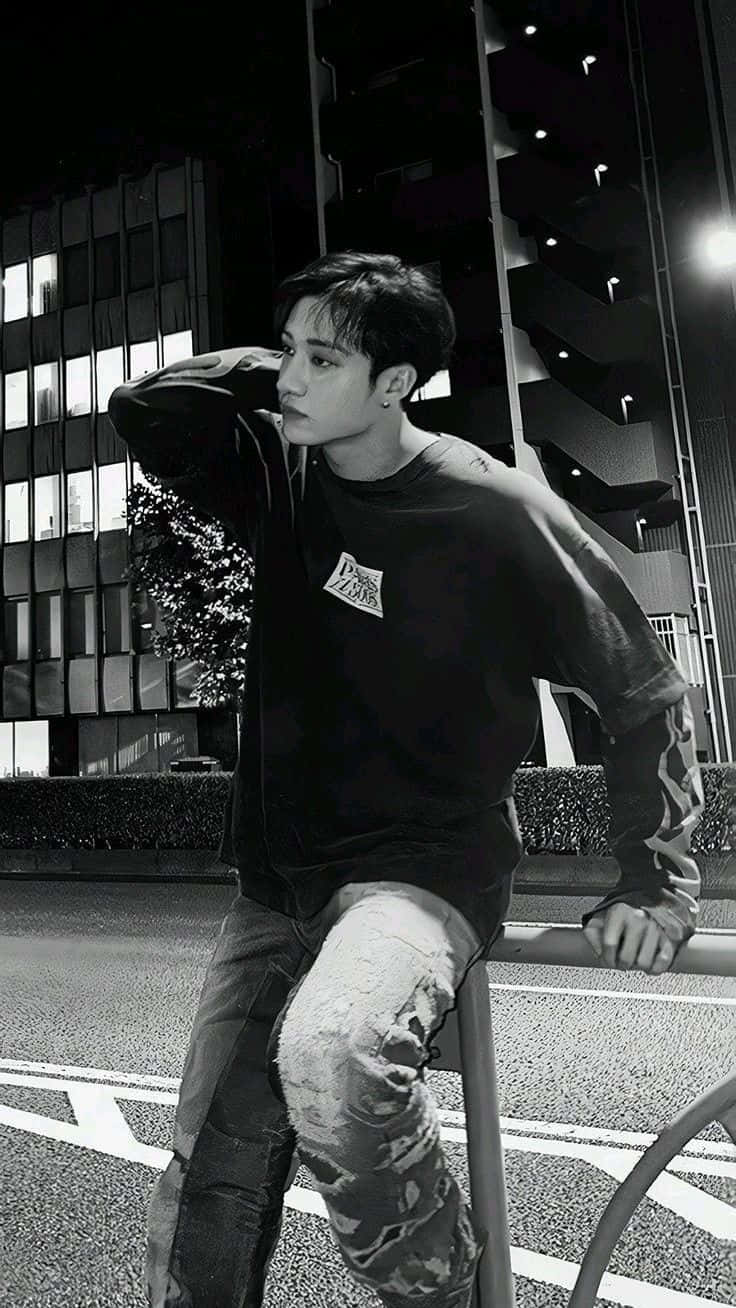 Bang Chan, nighttime urban, monochrome, HD Phone Wallpaper