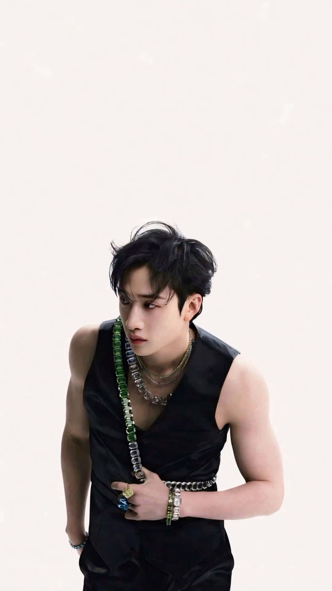 Bang Chan, black sleeveless top, layered green and silver jewelry, Full HD Phone Wallpaper