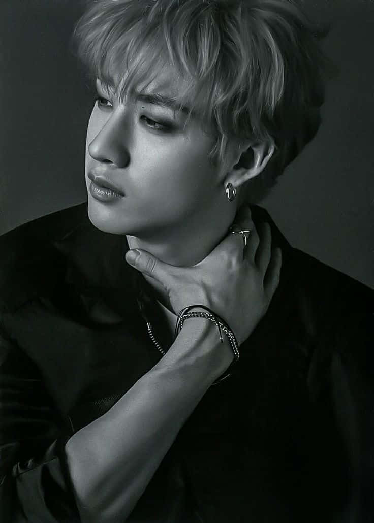 Bang Chan, monochrome portrait, tousled hair, SD Phone Wallpaper