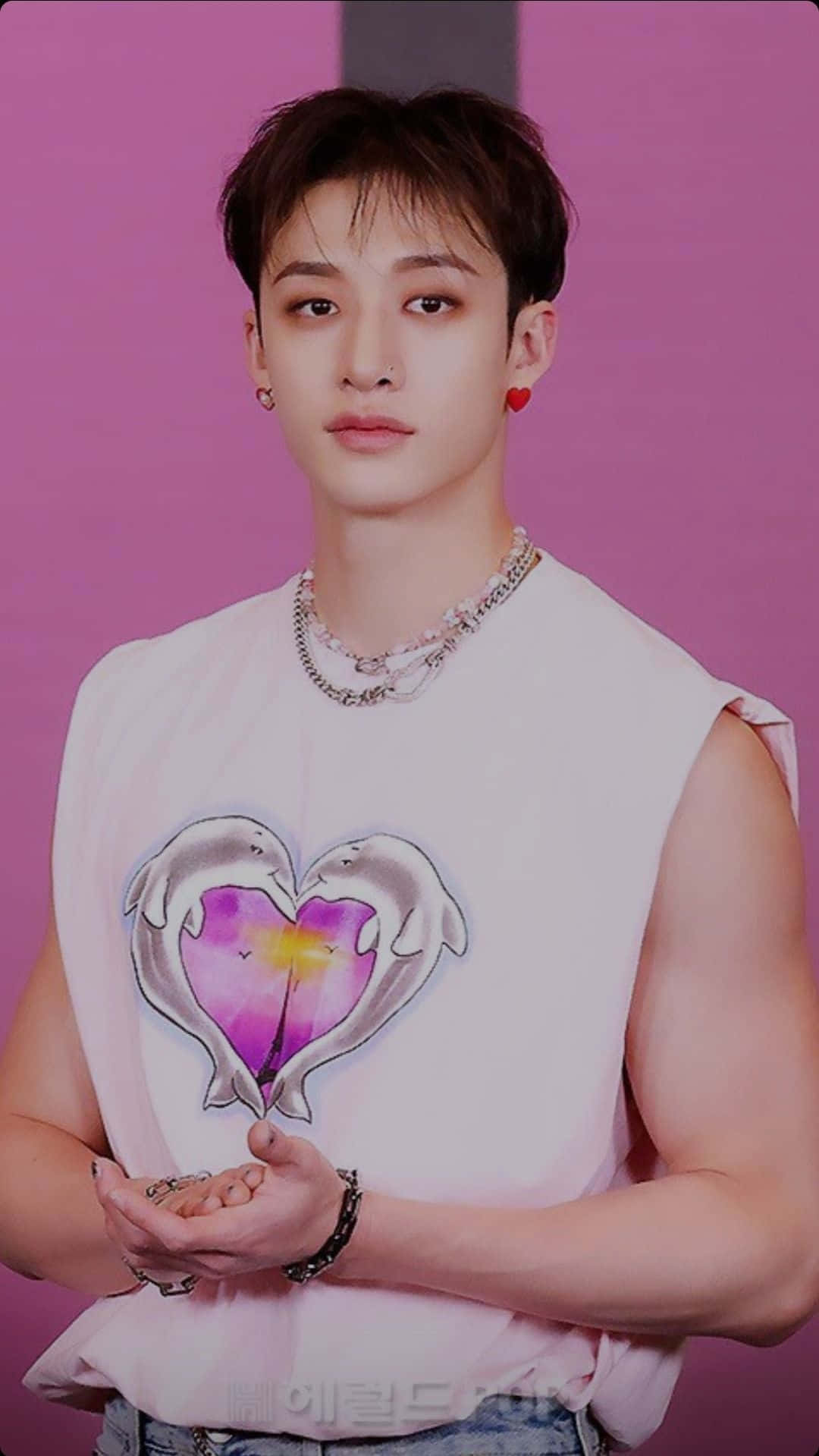 Bang Chan, pink backdrop, heart-shaped earrings, HD Phone Wallpaper