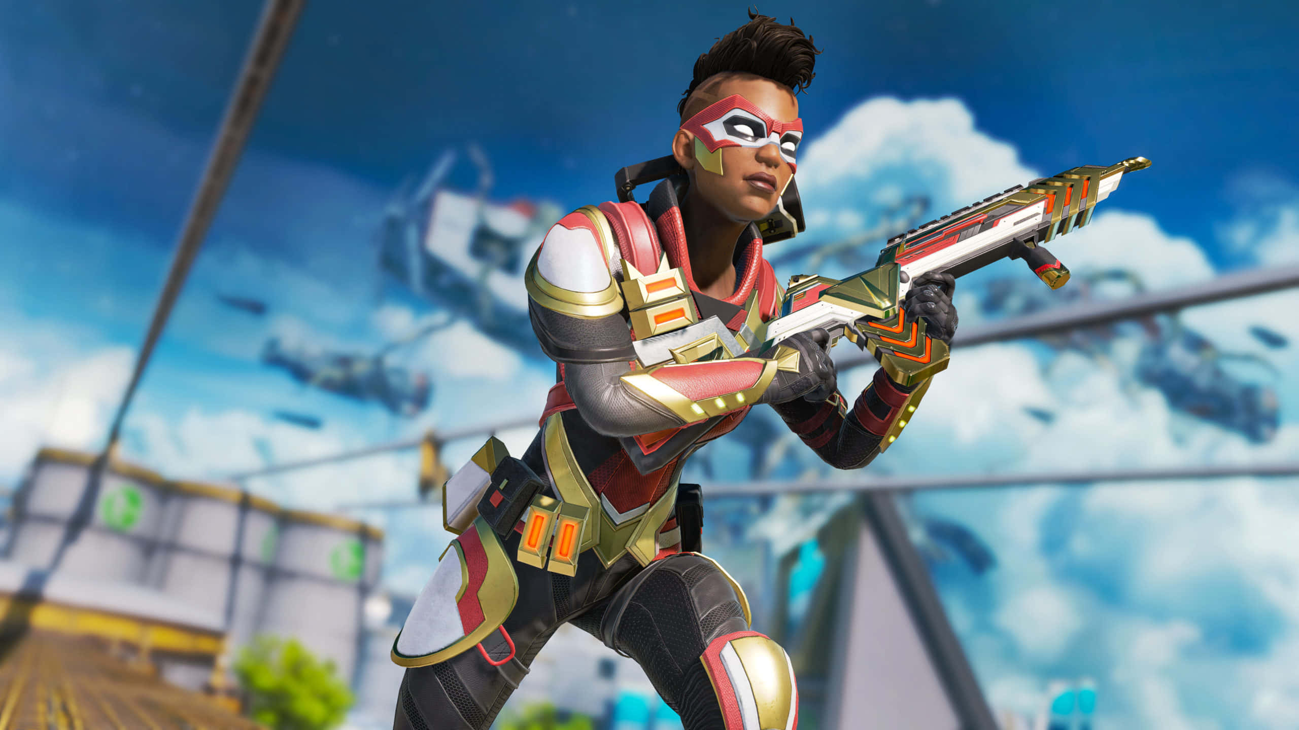 Bangalore Apex, red gold and black armor, futuristic weapon, 2K Desktop Wallpaper