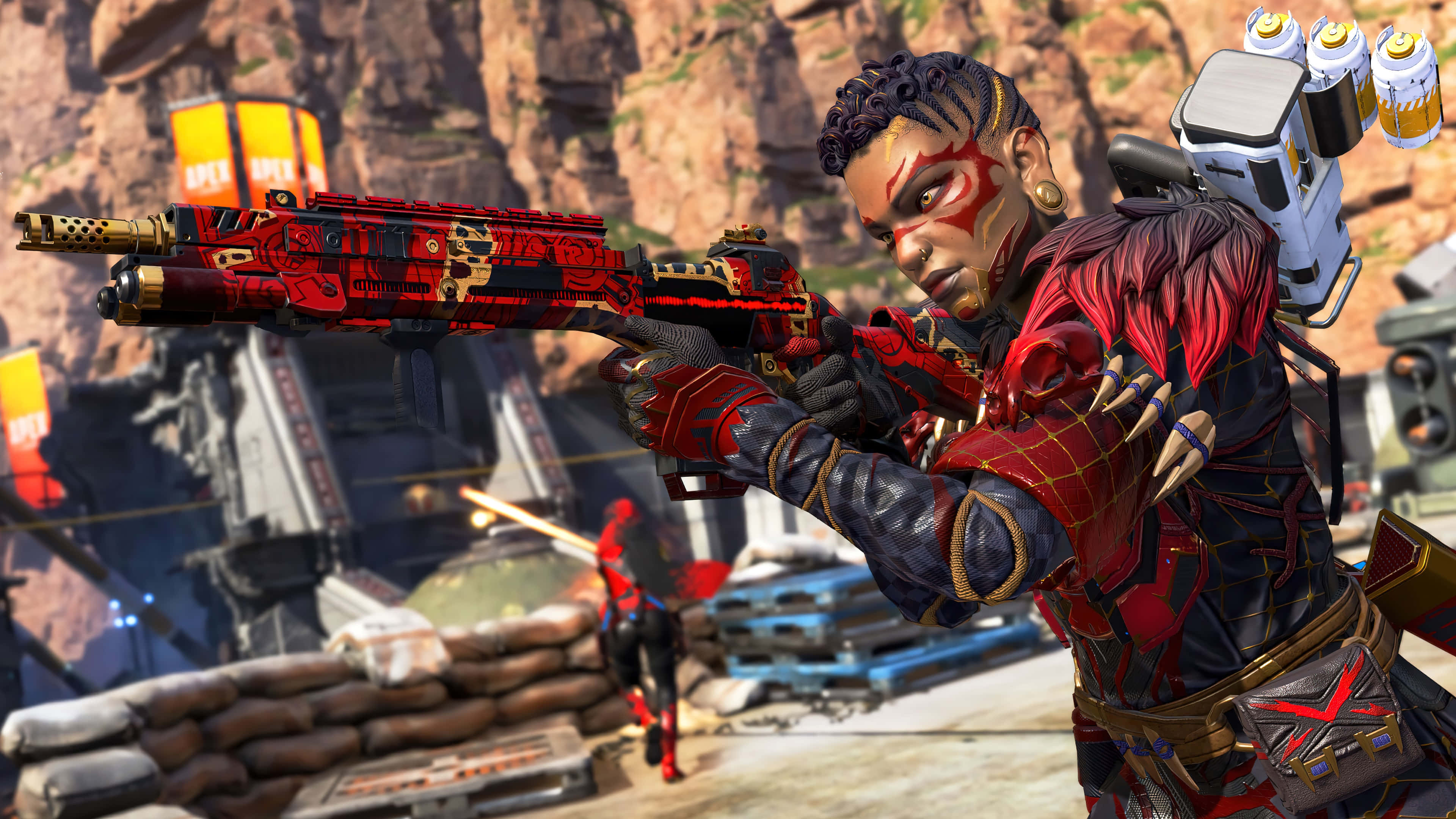 Bangalore Apex, fierce red and black armored warrior, glowing weapon, 4K Desktop Wallpaper