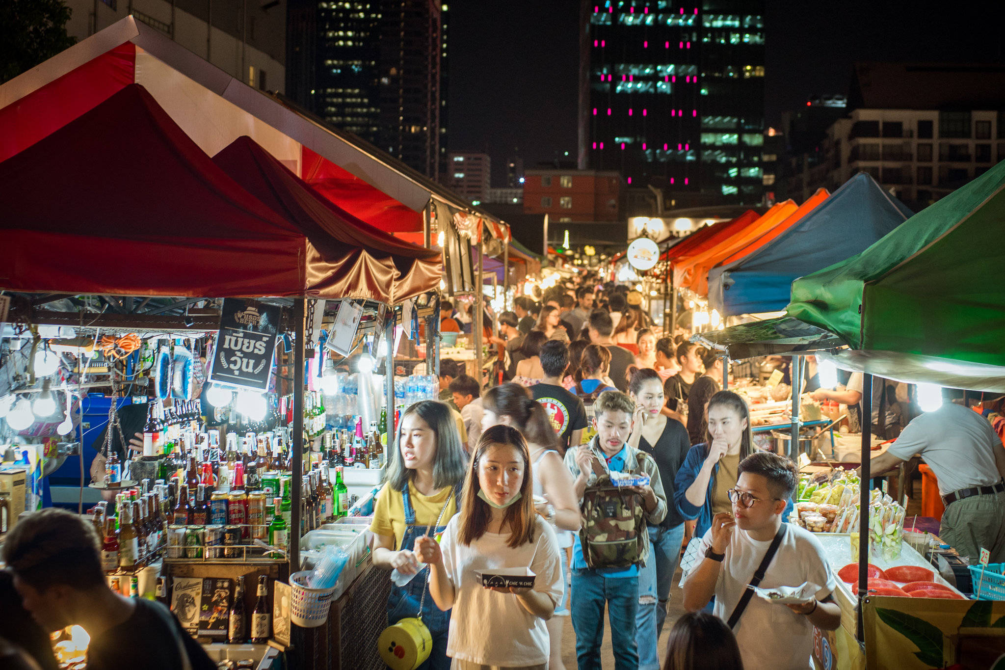 Bangkok, night market, colorful canopies, Full HD Desktop Wallpaper