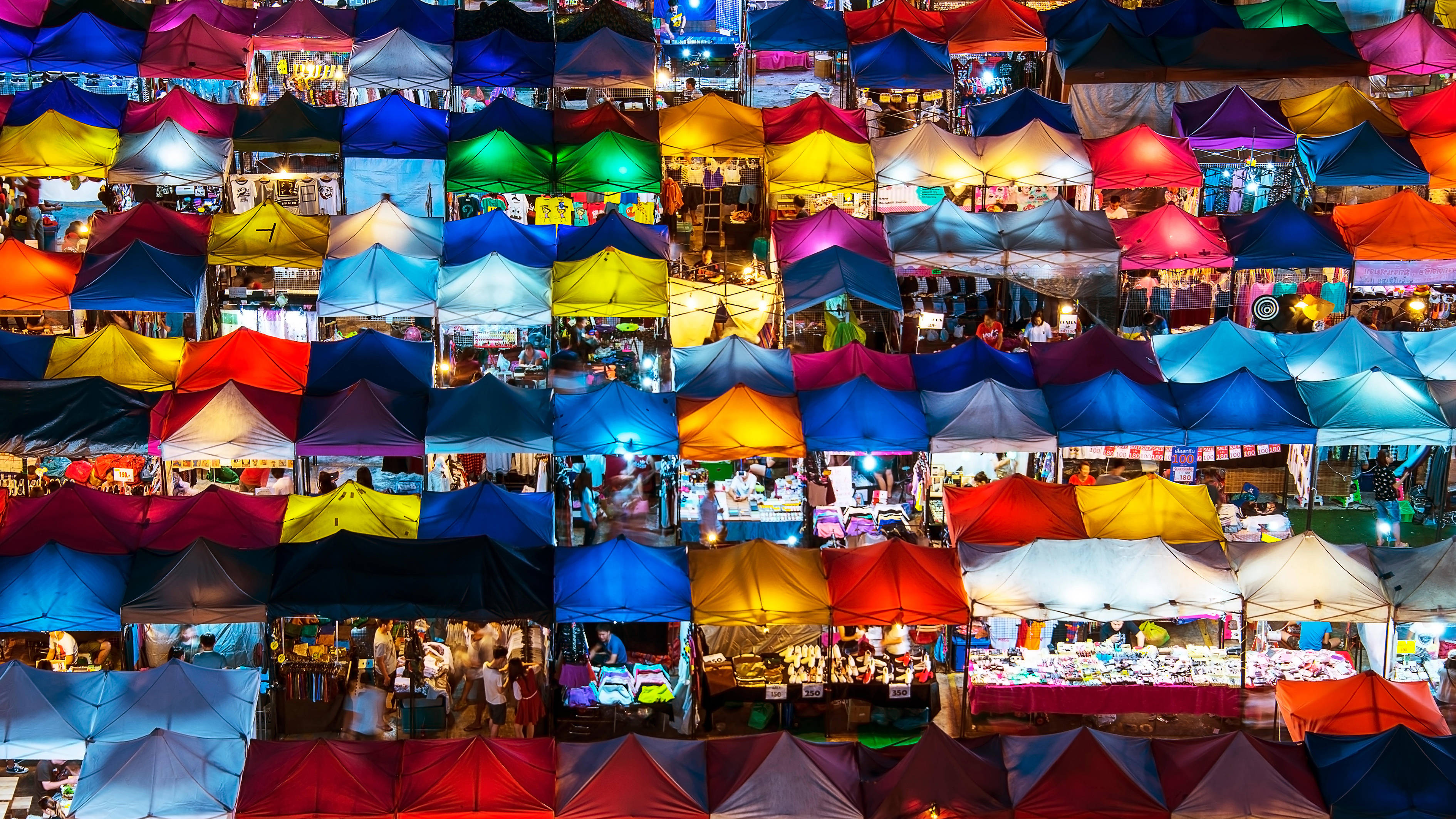Bangkok, night market, colorful vendor tents, 2K Desktop Wallpaper