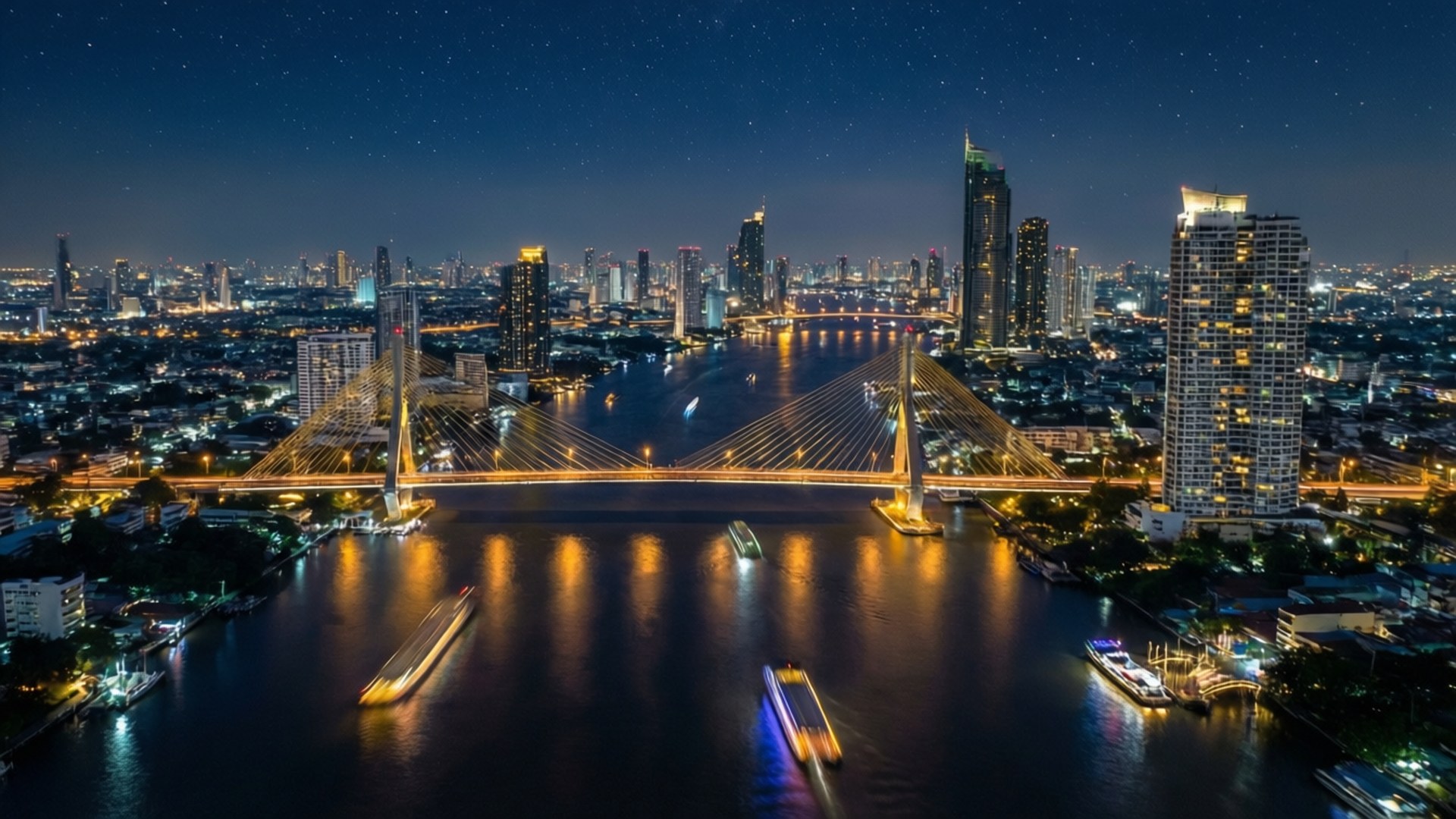 Bangkok, river, cable-stayed bridge, Full HD Desktop Wallpaper