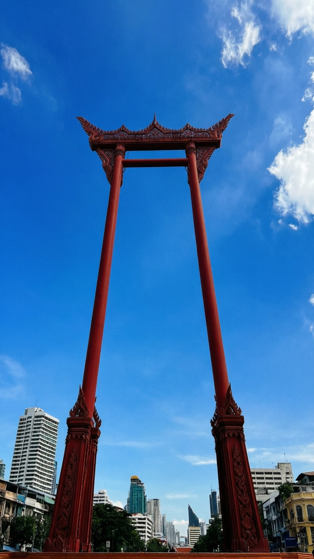 giant swing, red traditional Thai archway, vibrant blue sky, Full HD Phone Wallpaper
