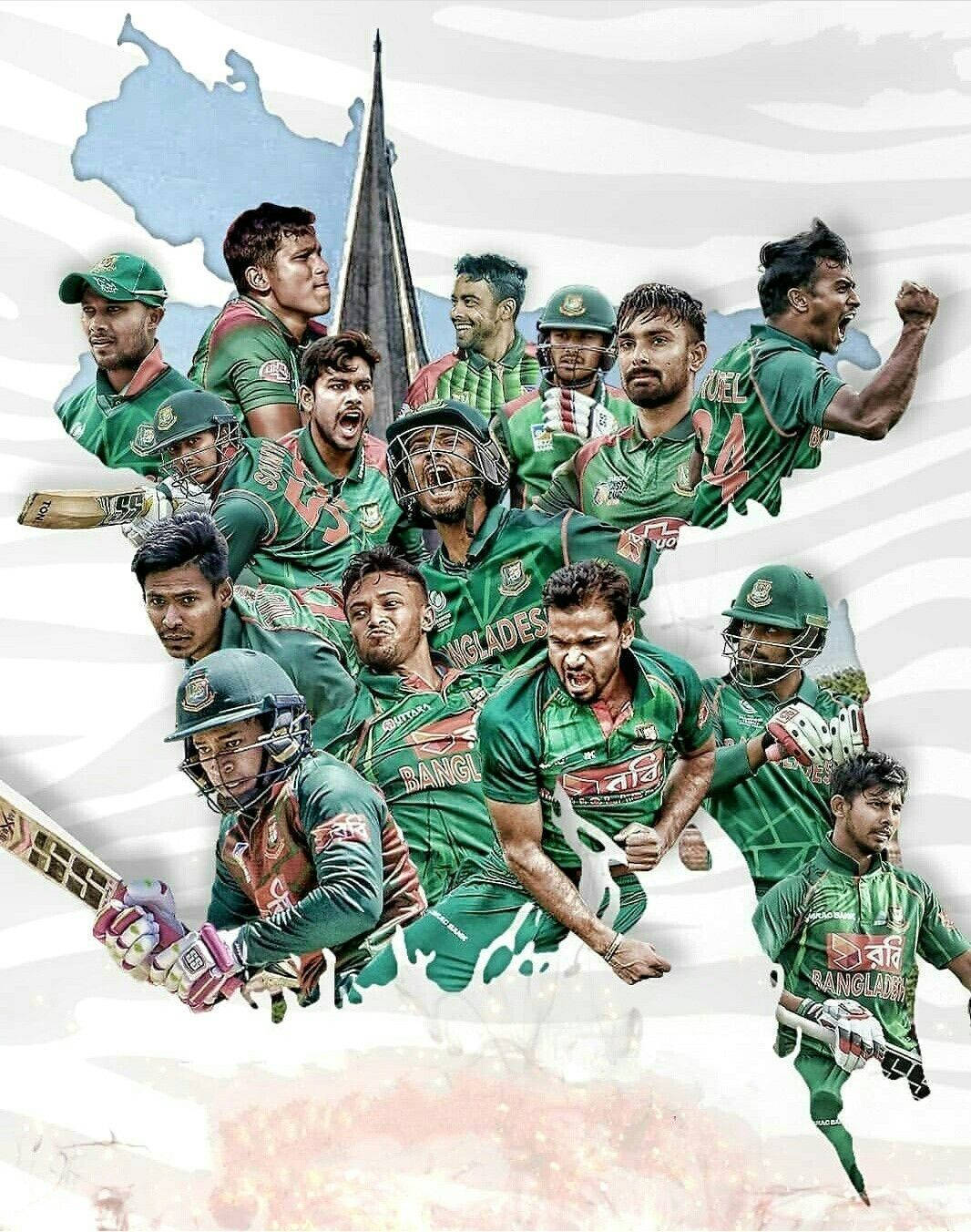 Bangladesh Cricket Team, green uniforms, waving flag backdrop, HD Phone Wallpaper