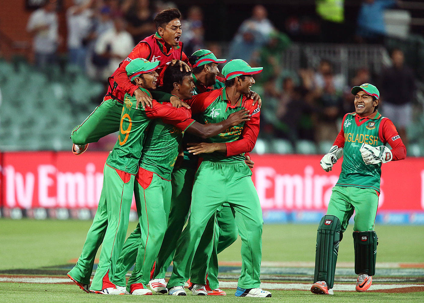 Bangladesh Cricket Team, green and red uniforms, stadium field, HD Desktop Wallpaper