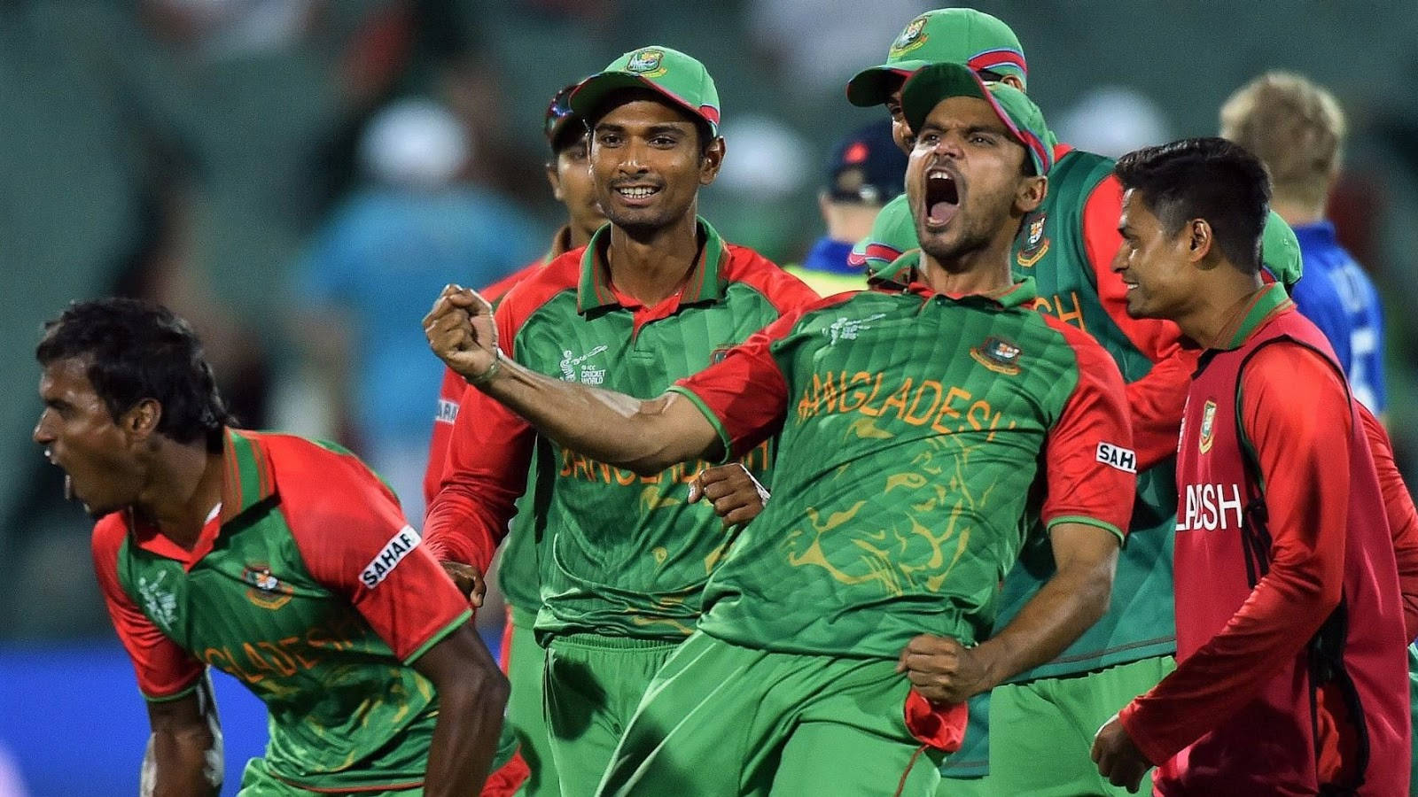 Bangladesh Cricket Team, green and red uniforms, stadium field, HD Desktop Wallpaper