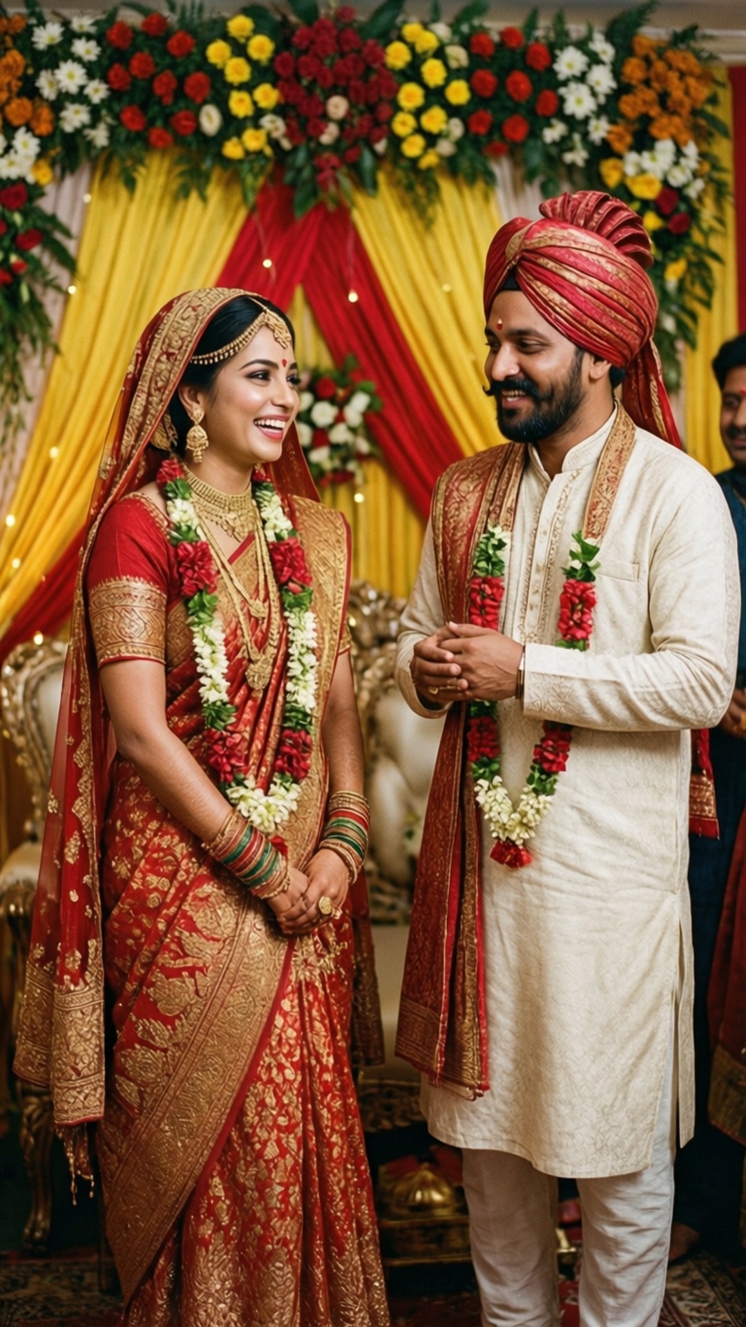 Bengali wedding, red gold lehenga, cream sherwani, Full HD Phone Wallpaper