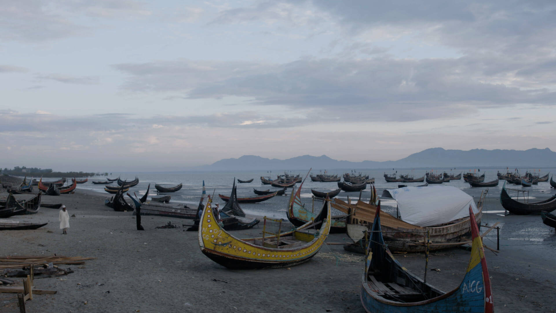 Bangladesh, traditional wooden boats, gray beach, Full HD Desktop Wallpaper