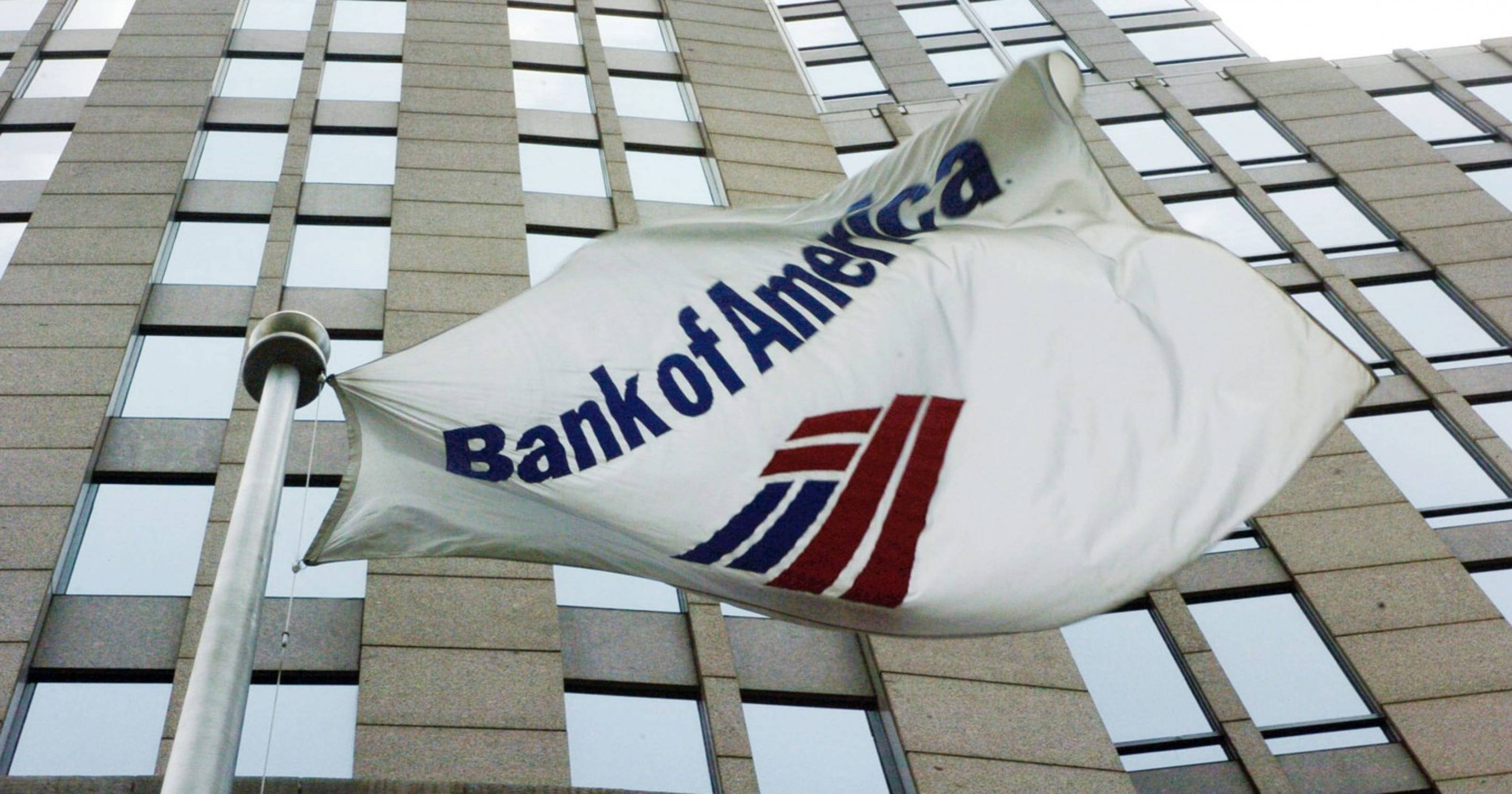 Bank Of America, white flag, modern glass and stone skyscraper facade, 2K Desktop Wallpaper