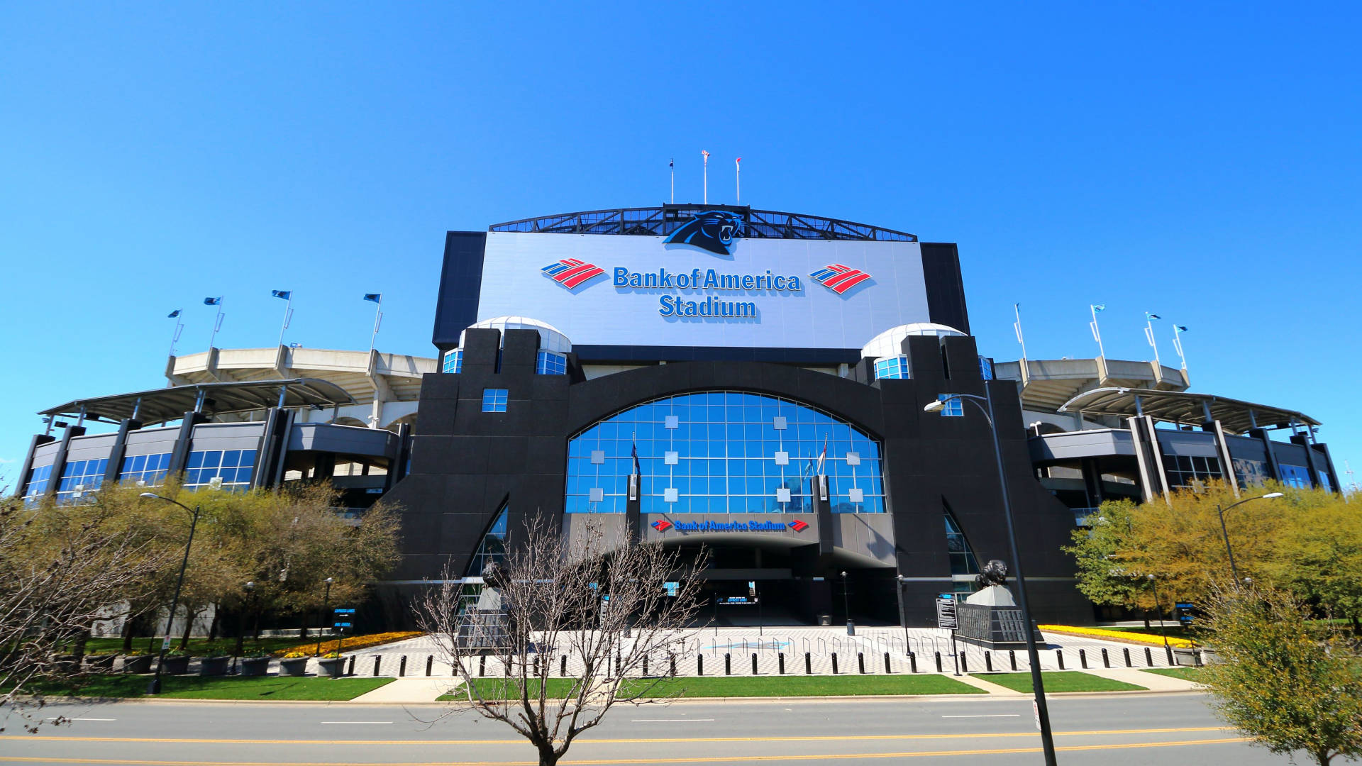 Bank Of America Stadium, clear blue sky, autumn trees, Full HD Desktop Wallpaper
