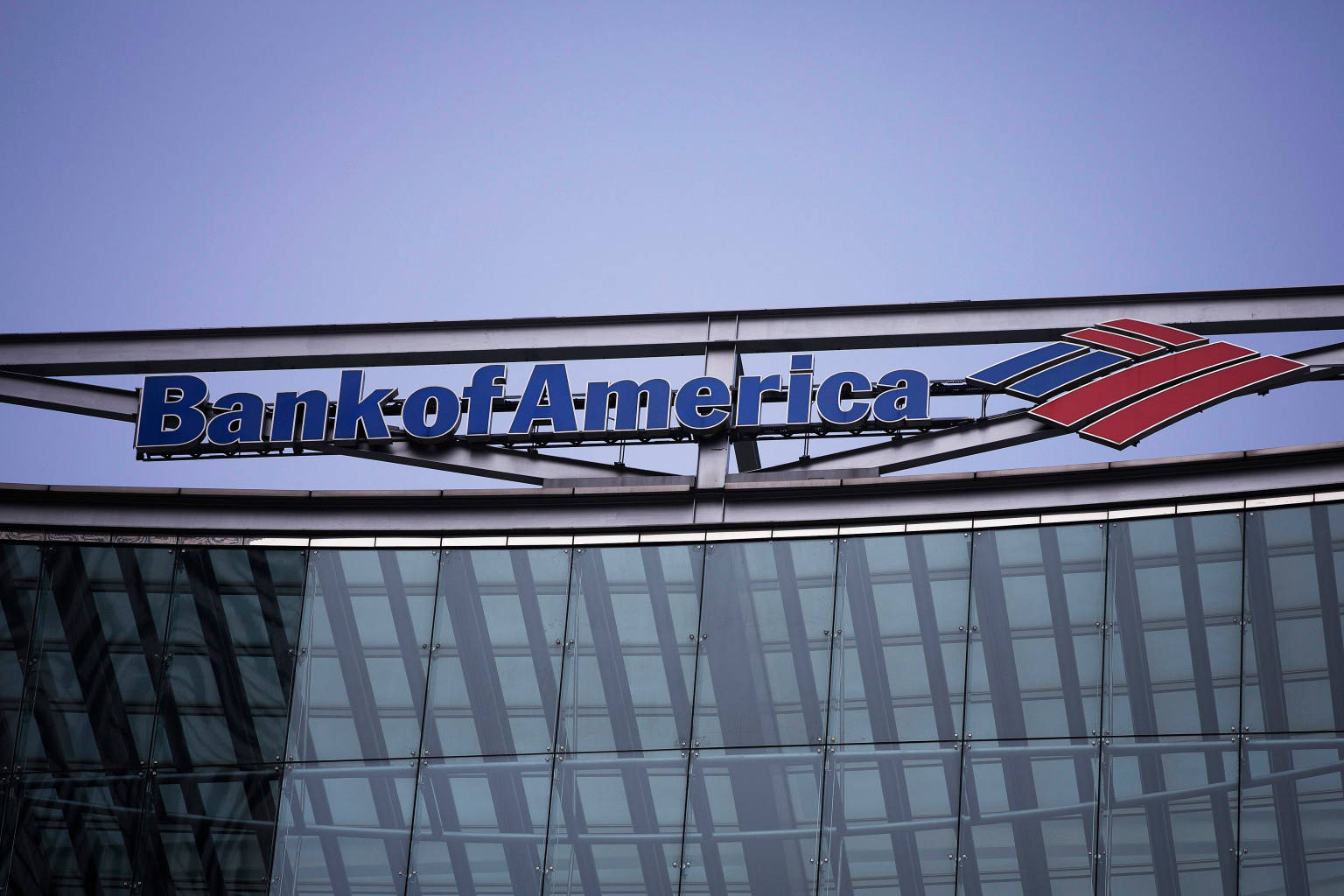 Bank Of America, bold blue and red letters, modern glass skyscraper facade, HD Desktop Wallpaper