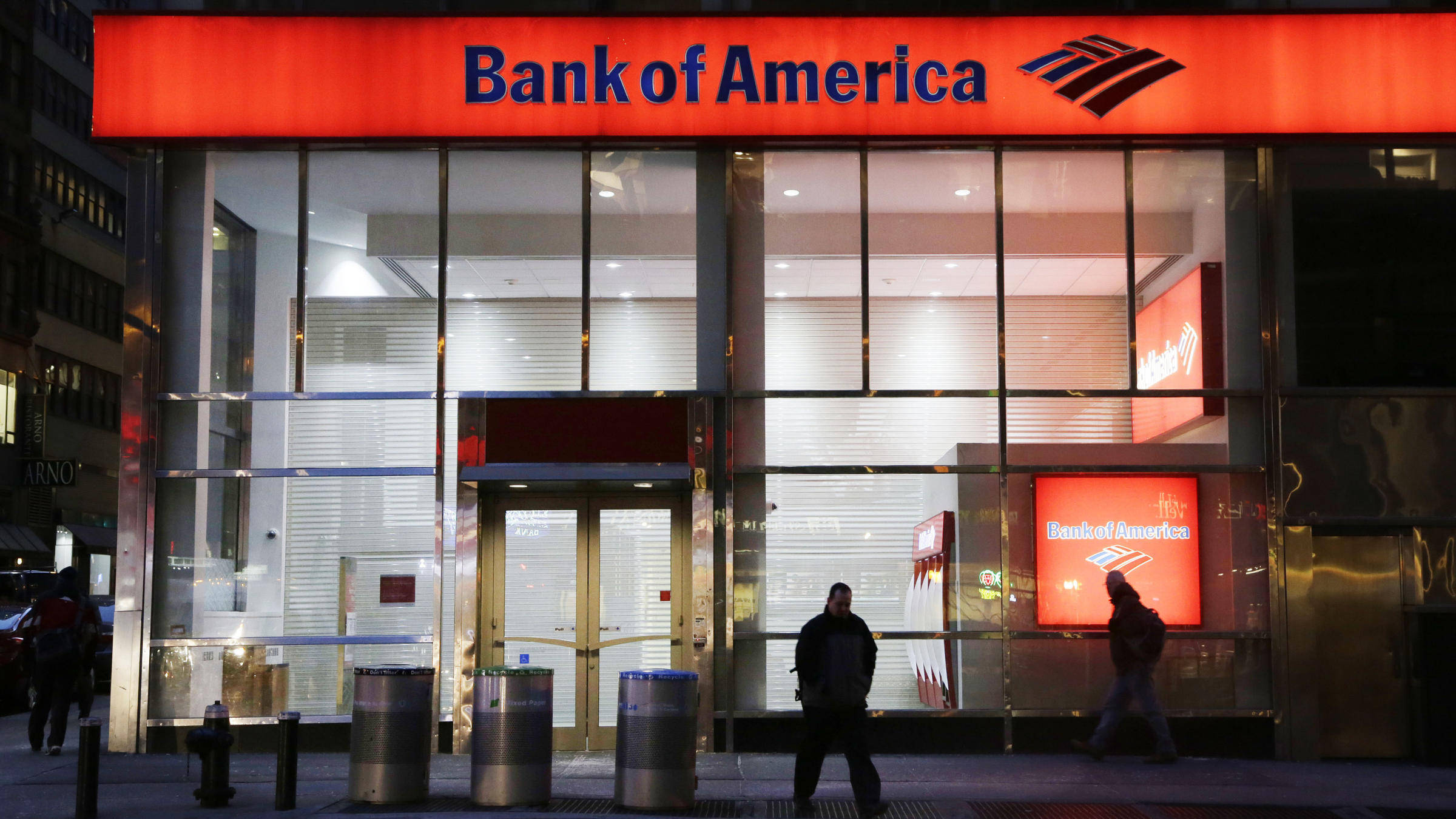 Bank Of America, glowing red sign, glass-fronted urban bank, Full HD Desktop Wallpaper